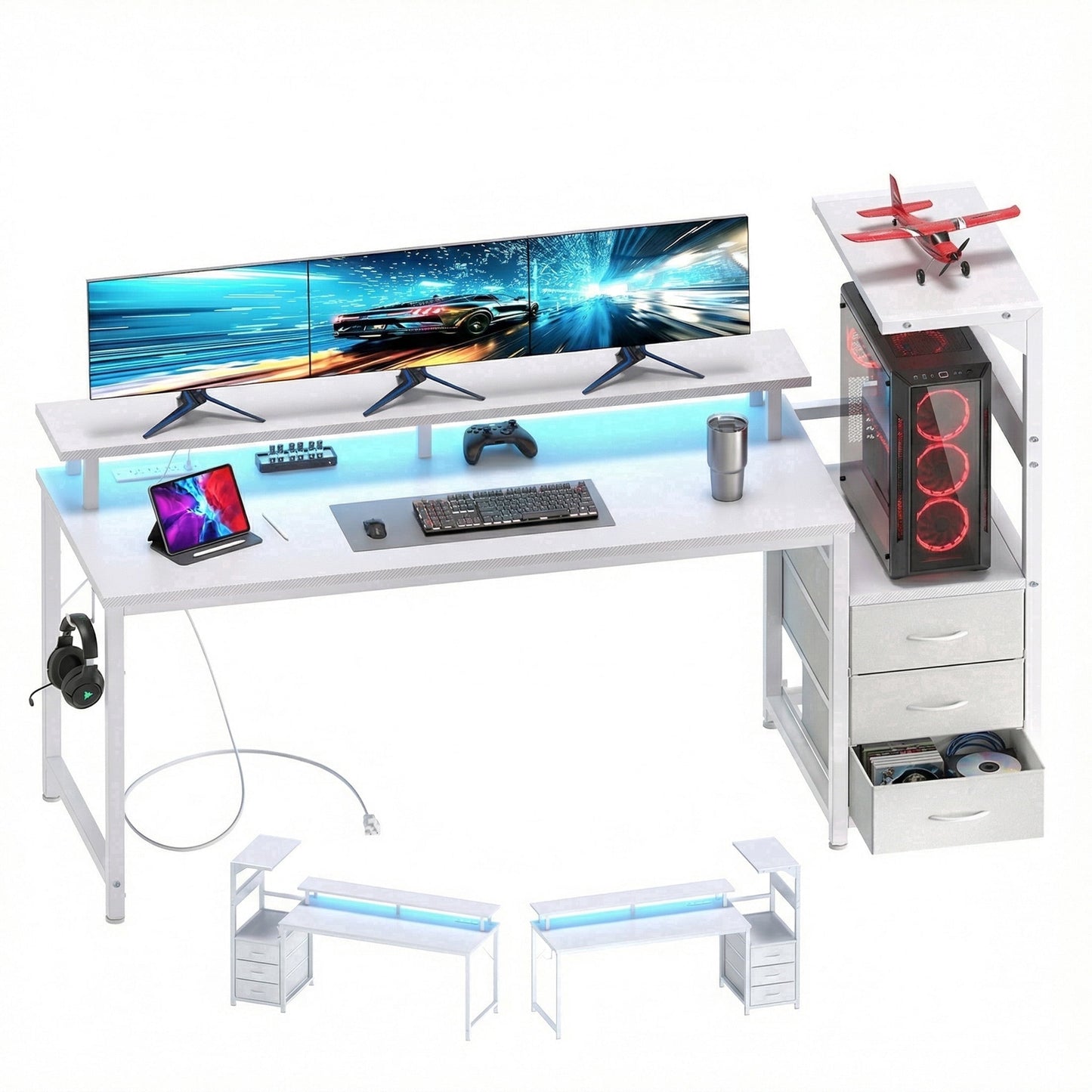 edx 59" Gaming Desk, USB Ports & LED Lights, Reversible Table with Monitor Stand for Home Office, Carbon Fiber White