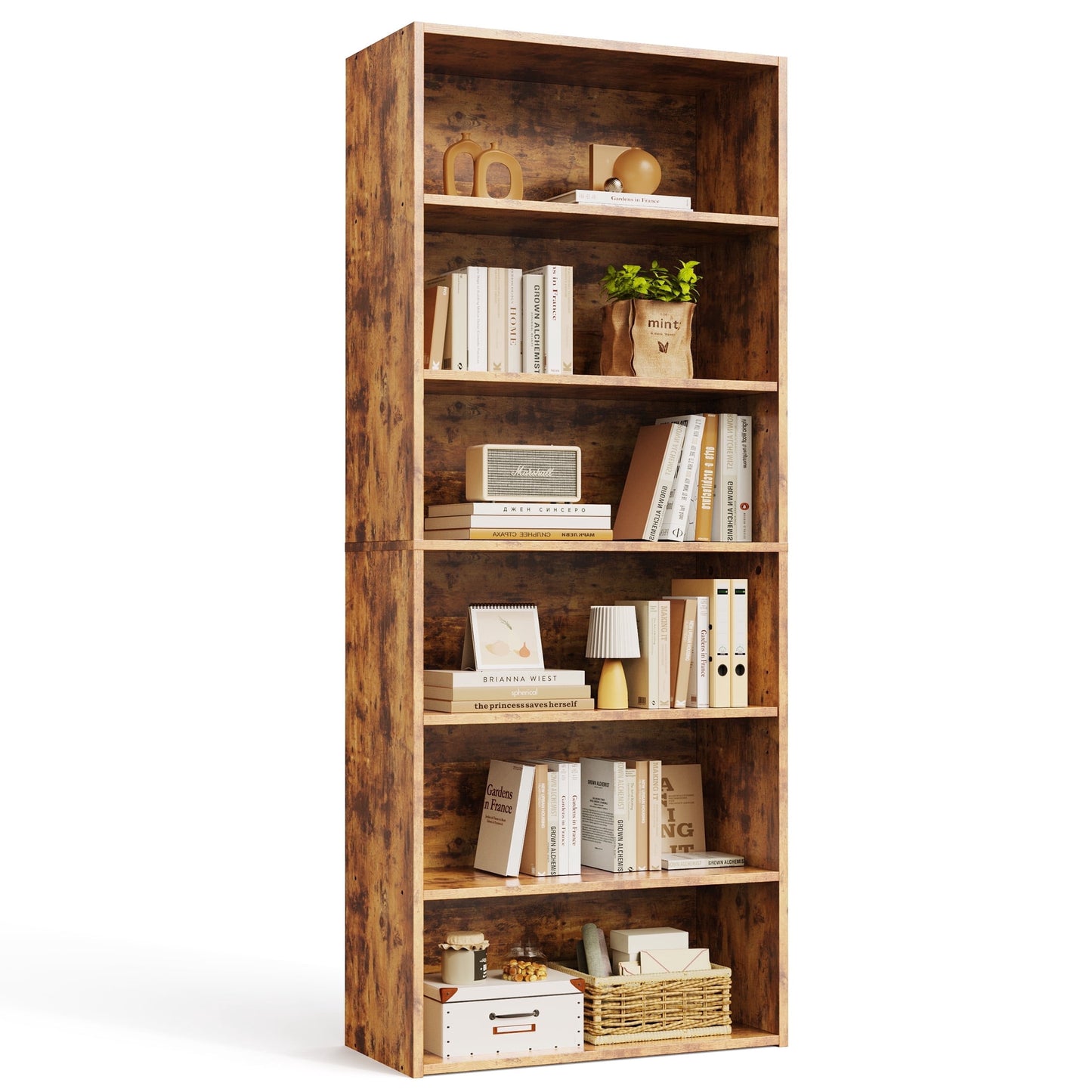 EDX 6 Tier Bookcase Storage, 63 Inch Large Tall Floor Standing Open Bookshelf for Home Office, Living Room, and Bedroom, Rust