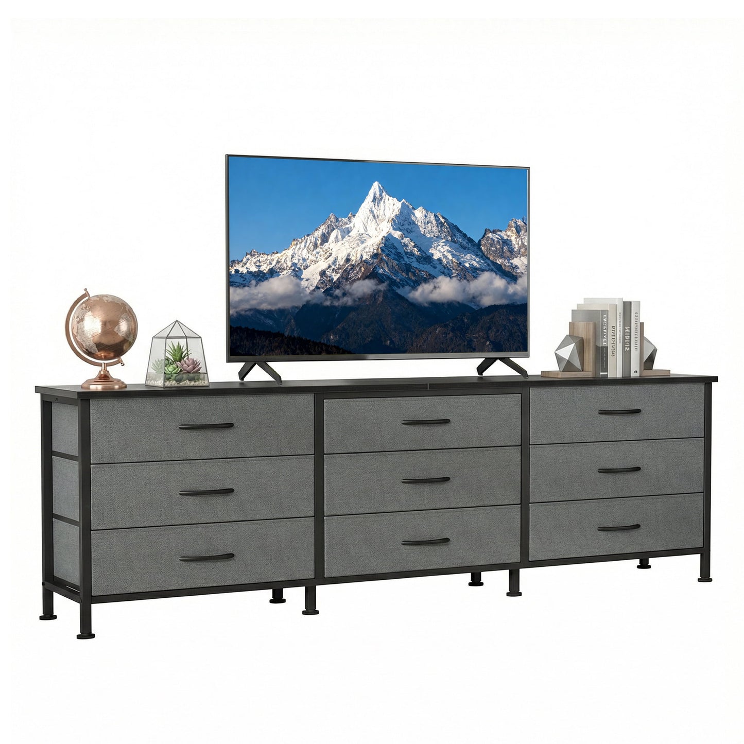 edx 9 Drawer Dresser for Bedroom, 63" Fabric Chest, TV Stand for 65, 70, 75 inch TV, Wide Storage Organizer for Closet, Hallway & Living Room, Gray
