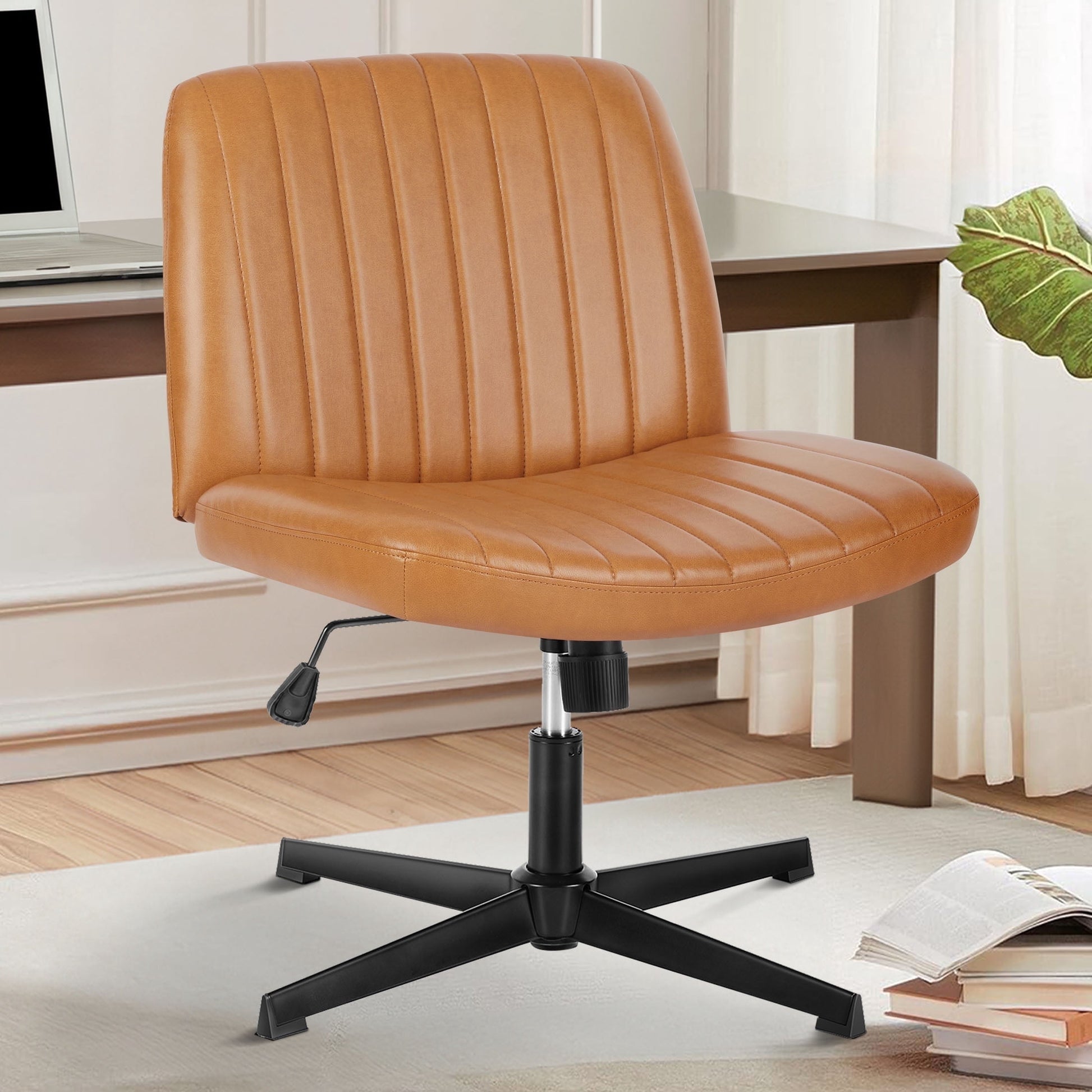 EDX Armless PU Leather Office Chair Criss Cross Legged Chair No Wheels, Comfy Home Office Desk Chairs, Brown