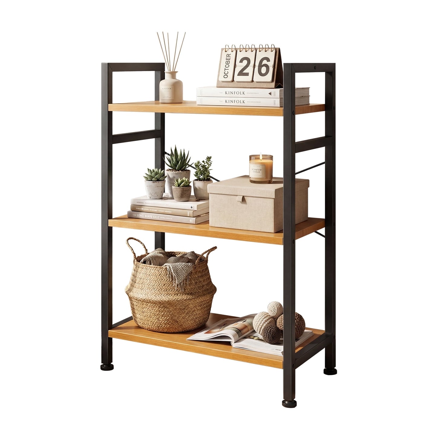 EDX Bookcase, 3 Tier Book Shelf, Storage Shelf, Classic Modern Bookcase for CDs, Movies, Books, Industrial Bookcase for Home Office, Living Room, Kitchen, Bedroom, Wood