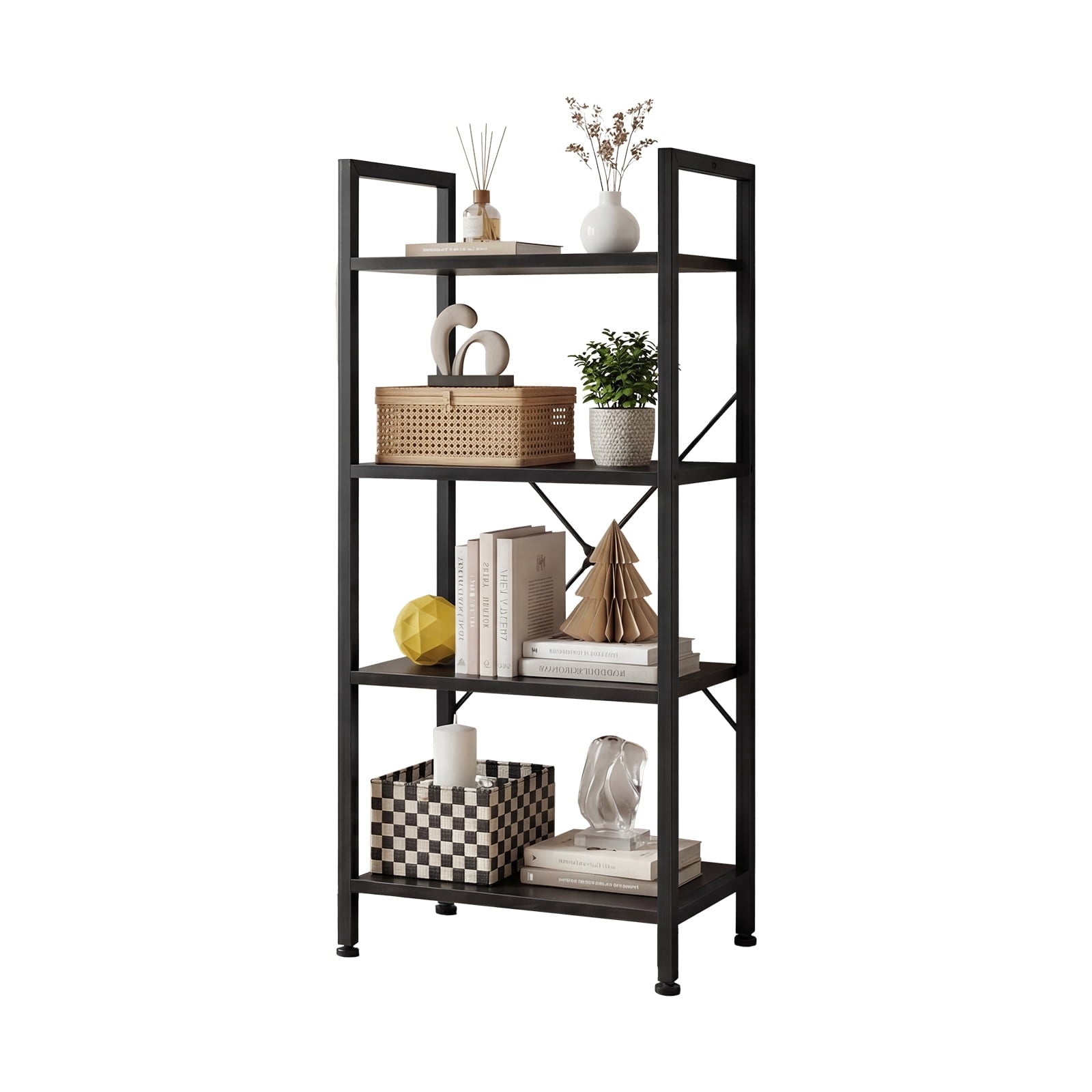 EDX Bookcase, 4 Tier Book Shelf, Storage Shelf, Classic Modern Bookcase for CDs, Movies, Books, Industrial Bookcase for Home Office, Living Room, Kitchen, Bedroom, Black