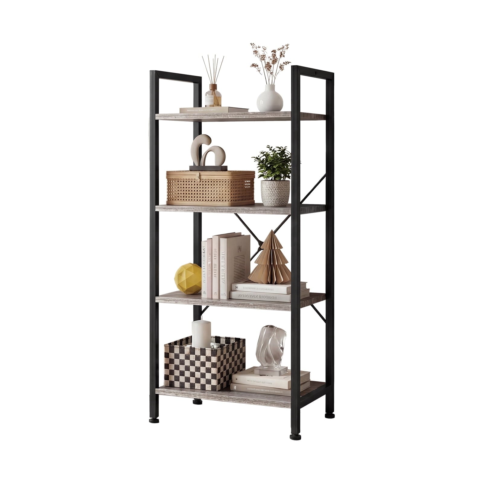 EDX Bookcase, 4 Tier Book Shelf, Storage Shelf, Classic Modern Bookcase for CDs, Movies, Books, Industrial Bookcase for Home Office, Living Room, Kitchen, Bedroom, Wood Gray