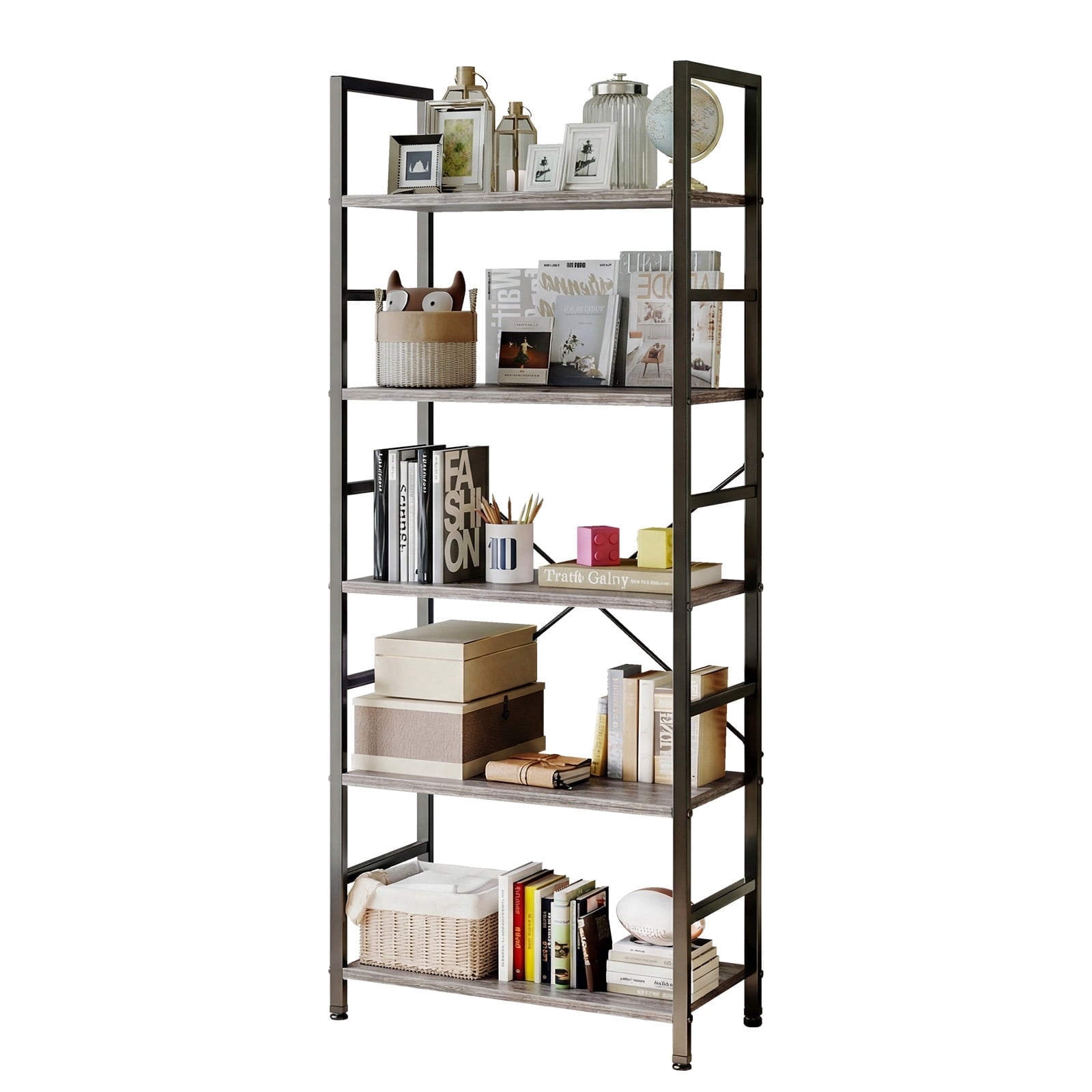 EDX Bookcase, 5 Tier Book Shelf, Storage Shelf, Classic Modern Bookcase for CDs, Movies, Books, Industrial Bookcase for Home Office, Living Room, Kitchen, Bedroom, Wood Gray