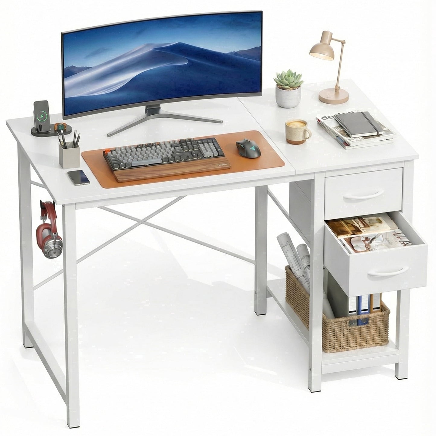 edx Office Desk with 2 Fabric Drawers & Headphone Hook, 40â€ PC Table Writing Desk with Storage Shelf, Computer Workstation for Bedroom Study,White