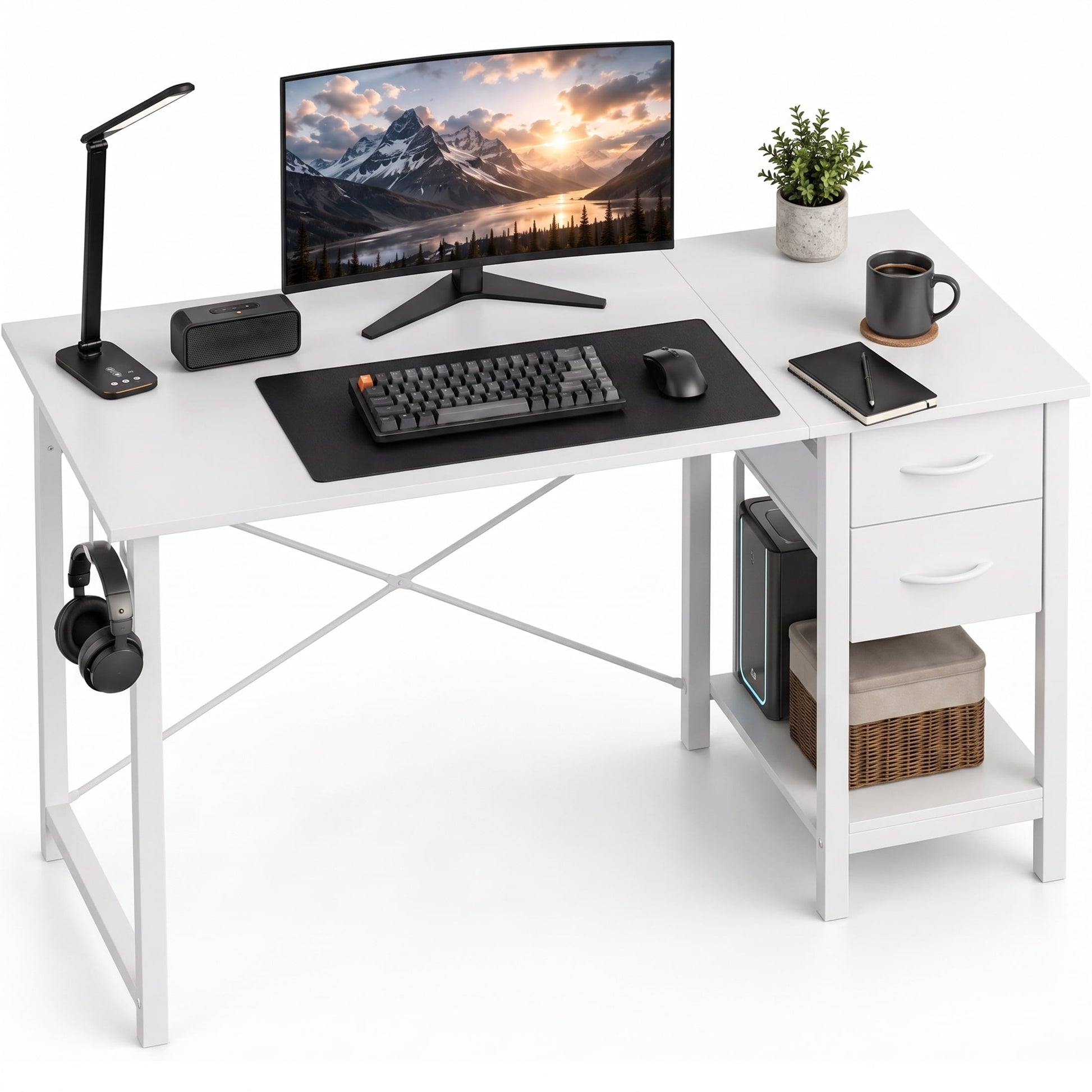 edx 47â€ Home Office Computer Desk with 2 Fabric Drawers, Storage Shelf, X-Frame Support, Spacious Computer Workstation Writing and Study Desk,White