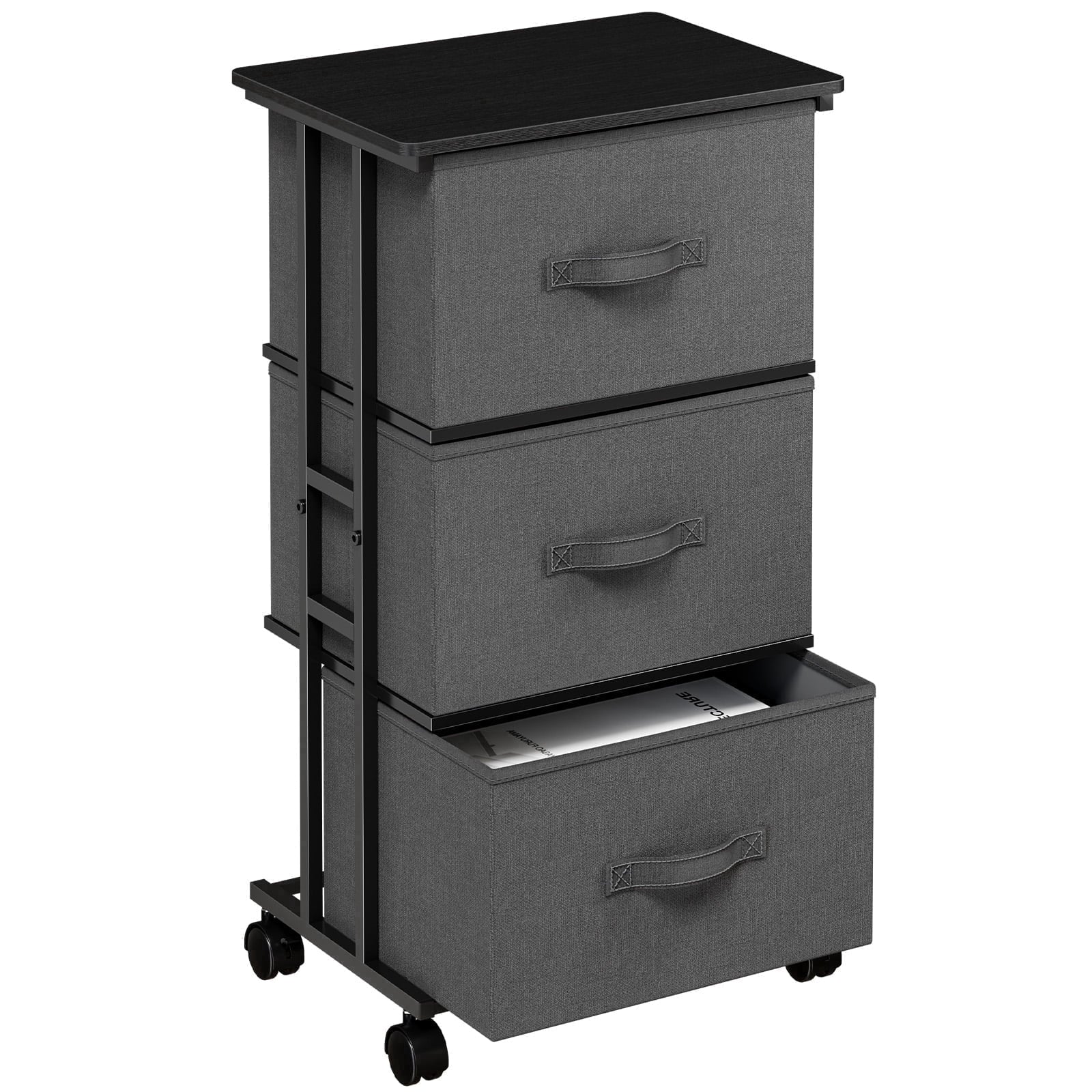 edx Rolling Nightstand with Wheels, 3 Drawer Fabric Storage for Bedroom, Entryway, Closets, Office, White