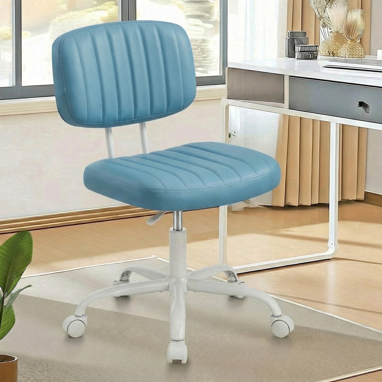 edx Adjustable Height Armless Office Desk Chair with Wheels, PU Leather Mid Back 360Â°Swivel Small Computer Chair, Modern Task Chair for Home Office Reading Meeting Room, Blue