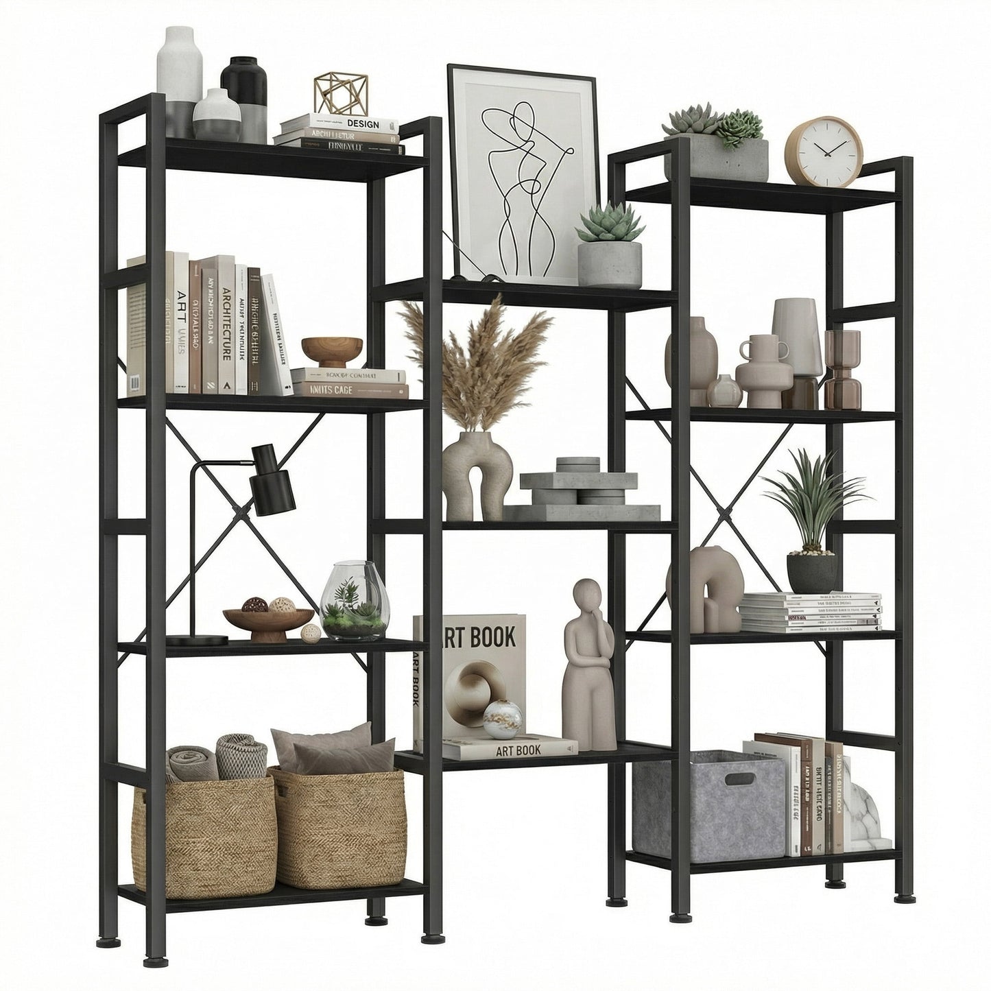 EDX Triple 4 Tier Bookshelf Storage Shelf, Modern Freestanding Bookcase with Metal Frame, Open Display Shelves, Space Saving Storage Organizer, Black