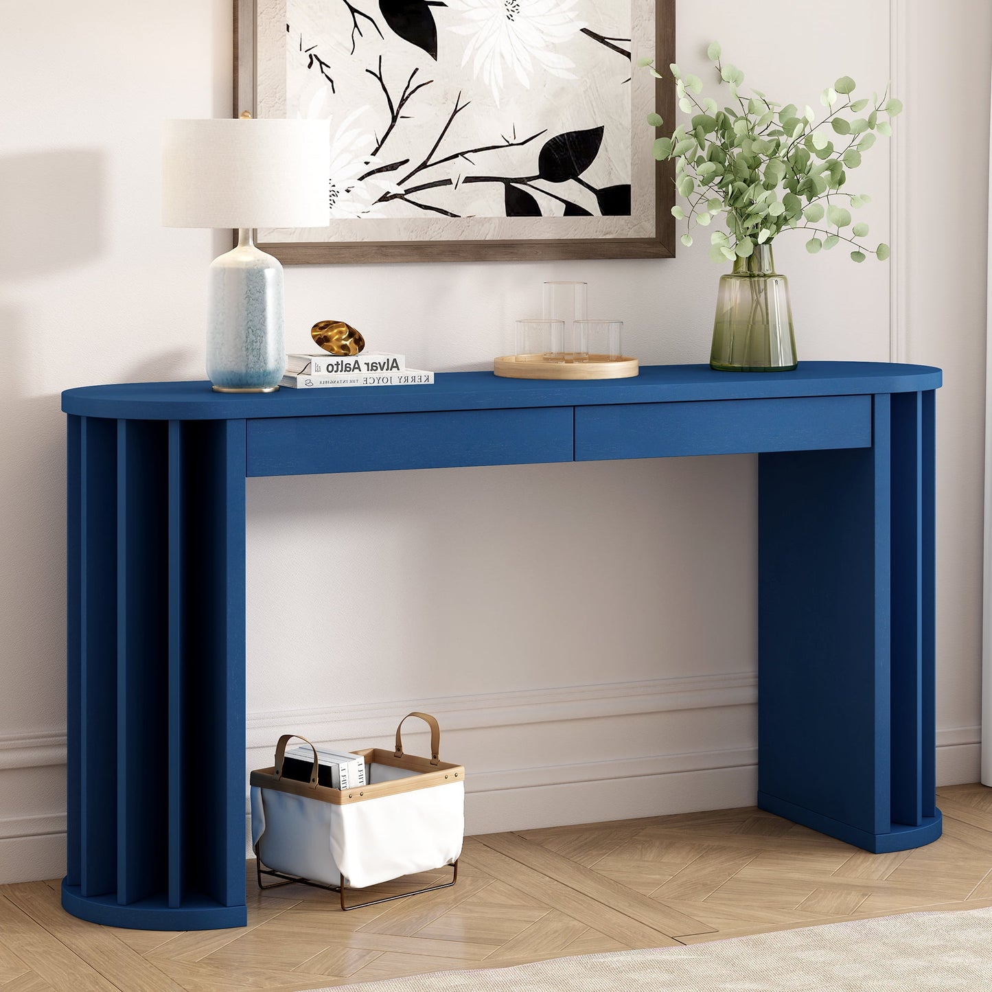 Euroco 59" Console Table with 2 Drawers,Modern Narrow Long Sofa Table Entryway Table with Curved Design for Entrance,Hallway,Living Room,Navy Blue