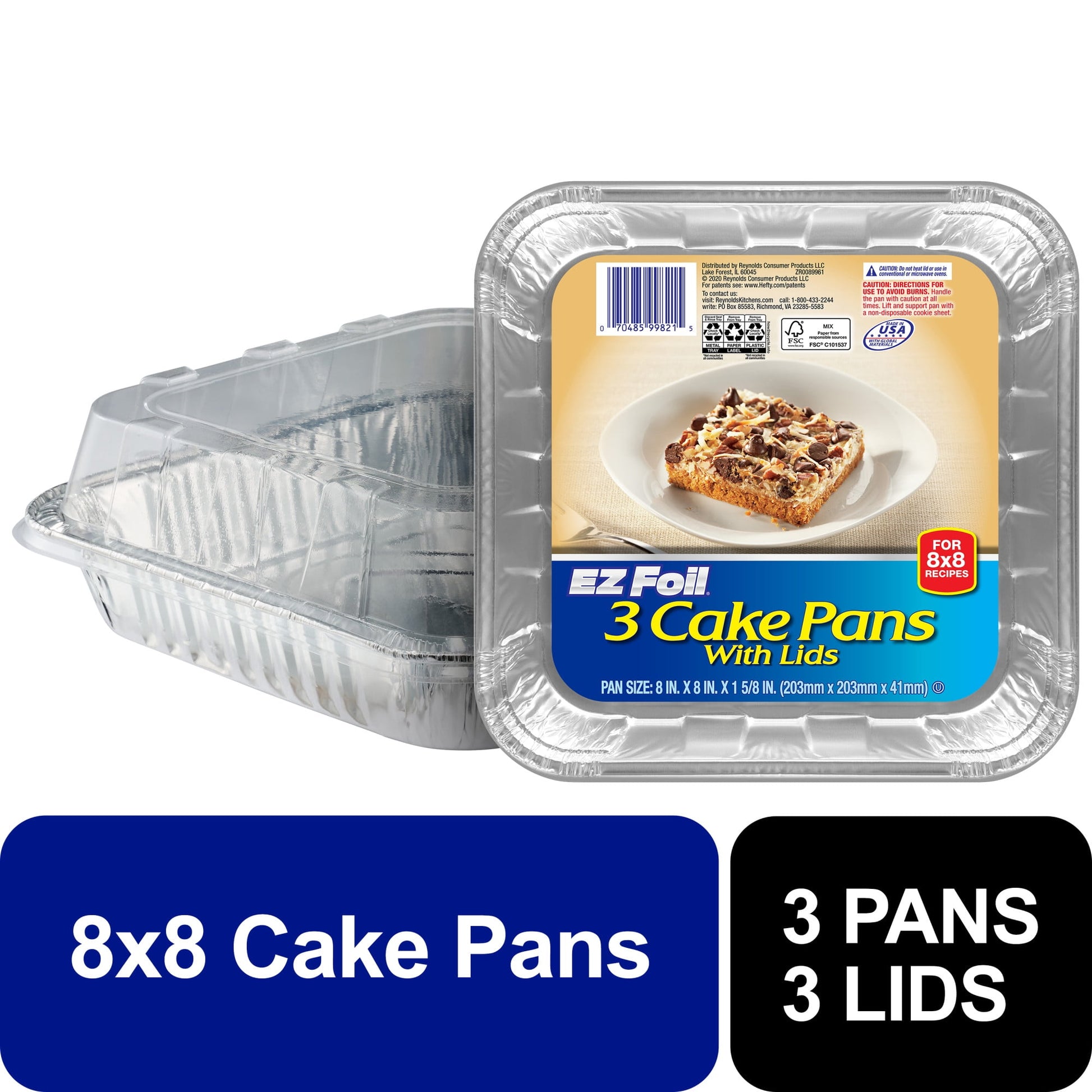 Ez Foil Cake Pans With Cover Bakeware 8 Inch 8 Inch X 8 Inch X 1.625 Inch Silver 1 Pack 3 Count