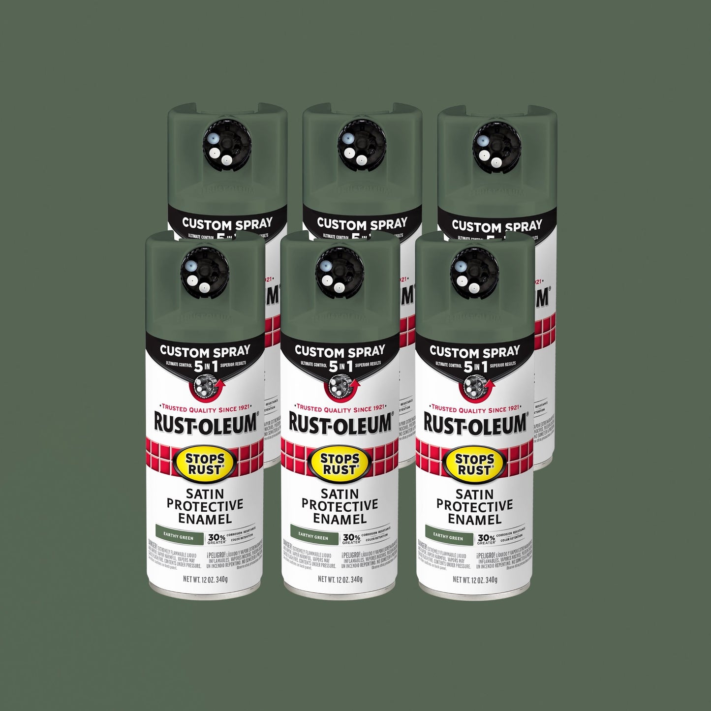 6 Pack, Earthy Green, Rust-Oleum Stops Rust Custom Spray 5 in 1 Satin Spray Paint-383421, 12 oz