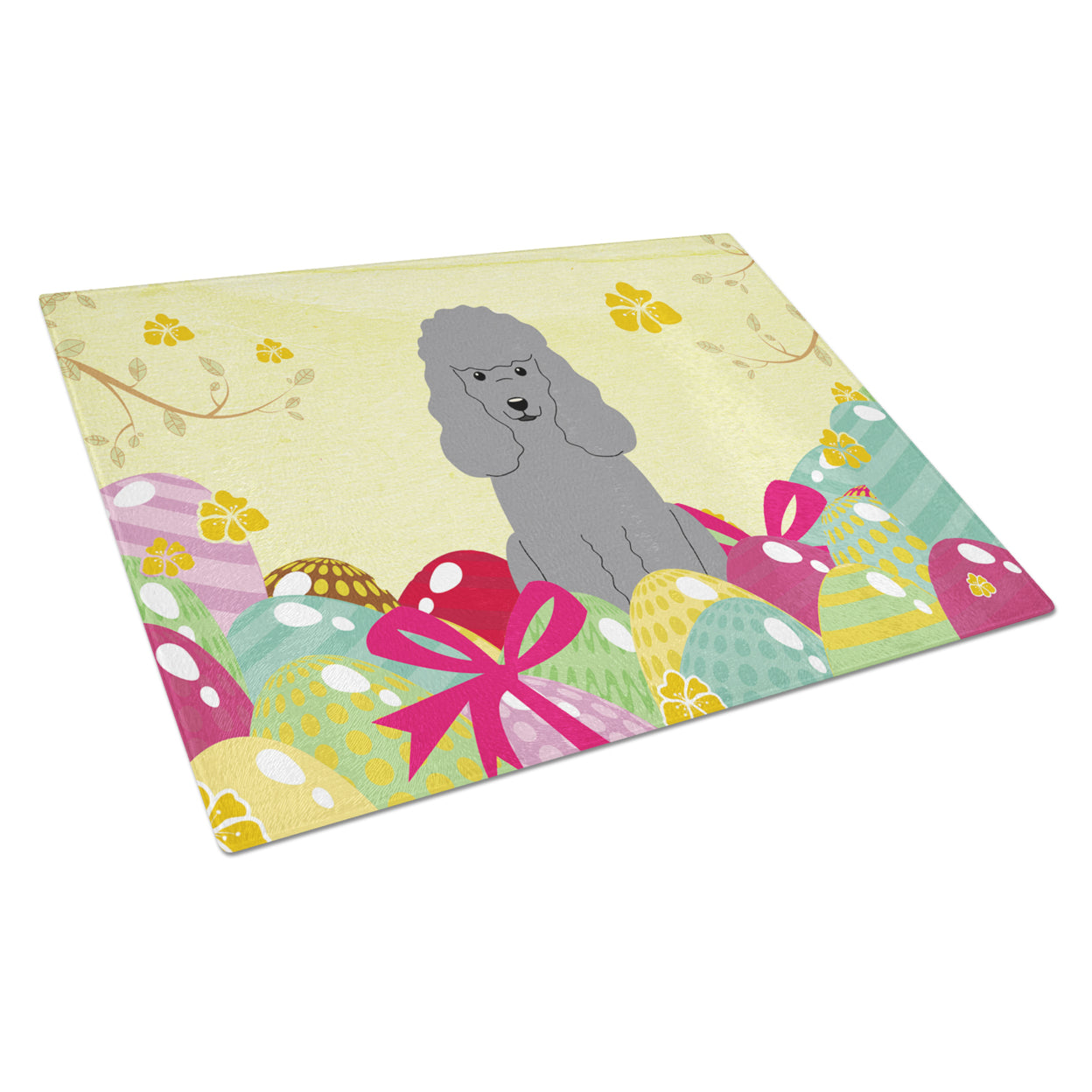 Easter Eggs Poodle Silver Glass Cutting Board Large