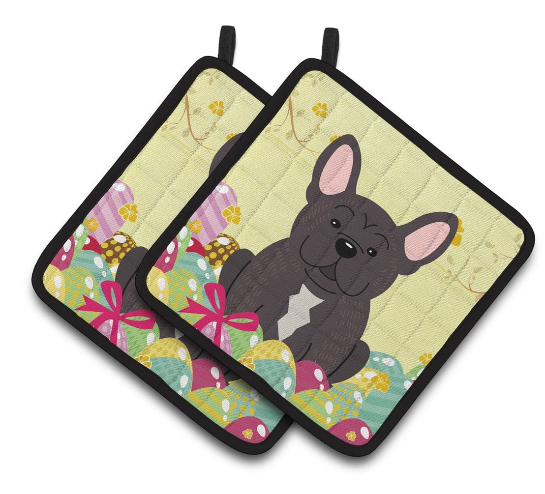 Easter French Bulldog Brindle Pair of Pot Holders
