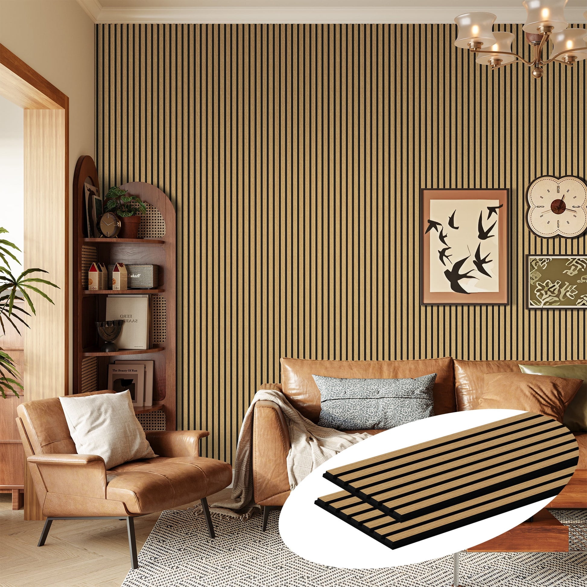 Easy4Home 2Pcs 106"x12.6" Wood Slat Acoustic Wall Panels, 3D Fluted Soundproof Decorative Panels for Interior Walls, American Oak