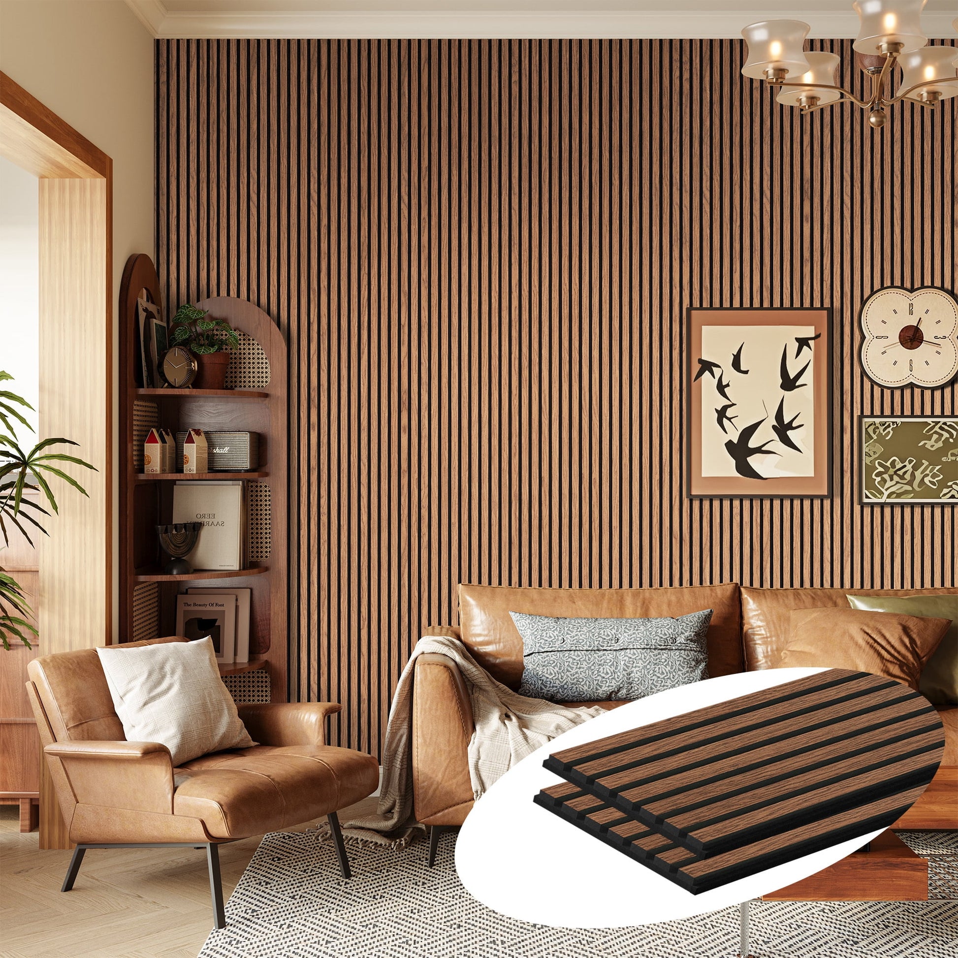 Easy4Home 2Pcs 106"x12.6" Wood Slat Acoustic Wall Panels, 3D Fluted Soundproof Decorative Panels for Interior Walls, Classic Brown