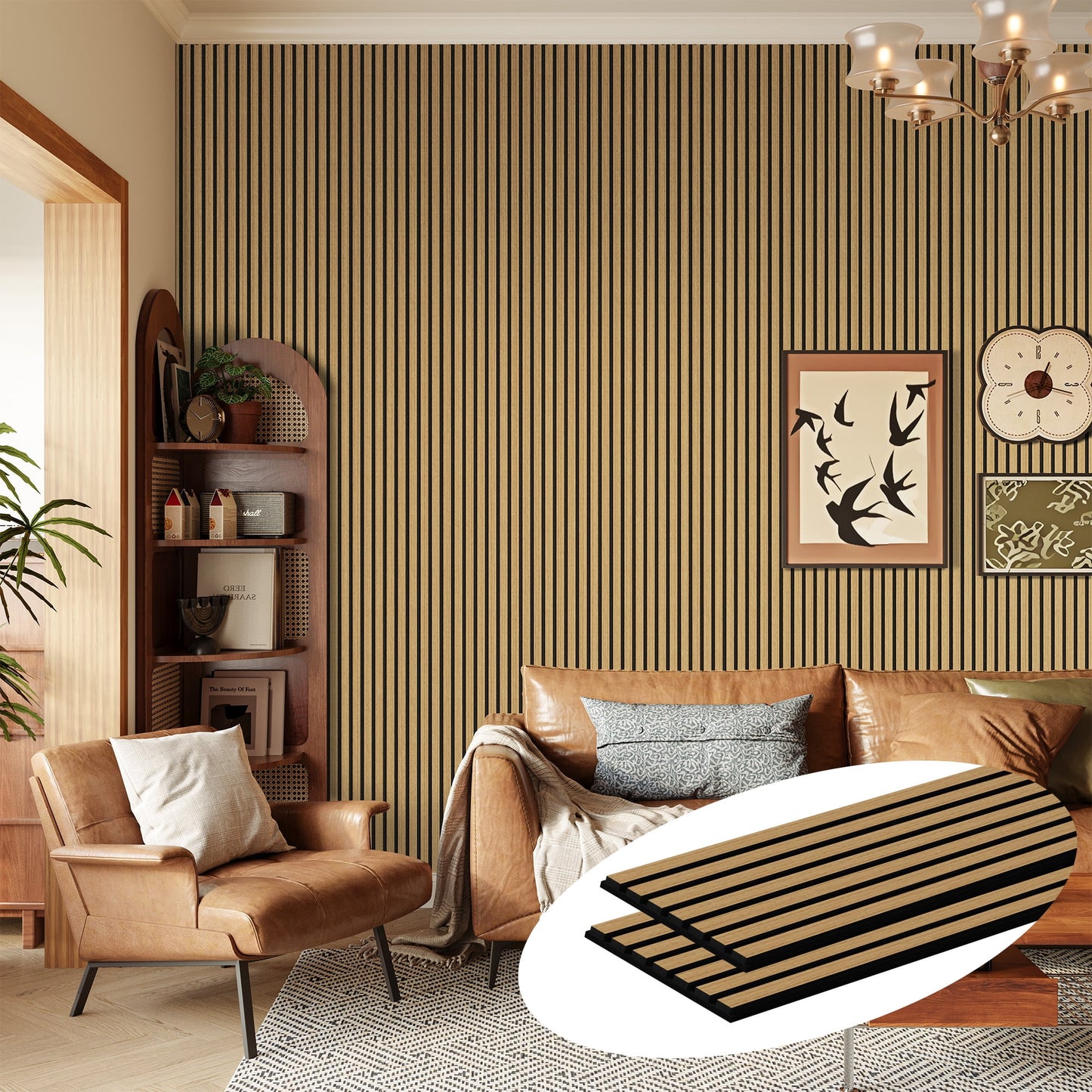 Easy4Home 2Pcs 106"x20.5" Wood Slat Acoustic Wall Panels, 3D Fluted Soundproof Decorative Panels for Interior Walls, American Oak