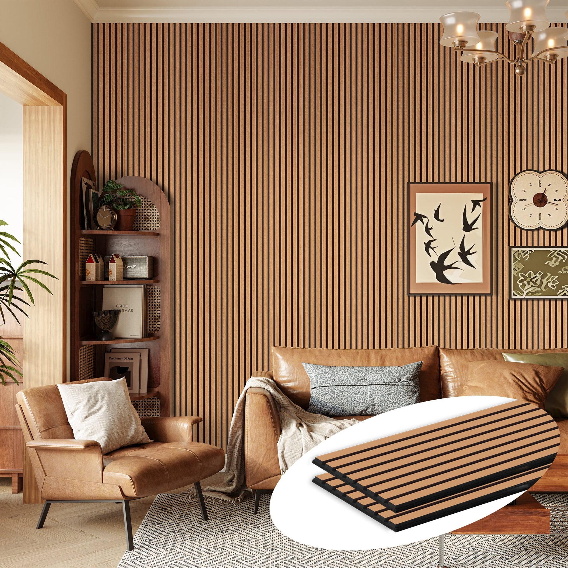 Easy4Home 2Pcs 106"x20.5" Wood Slat Acoustic Wall Panels, 3D Fluted Soundproof Decorative Panels for Interior Walls, Light Brown