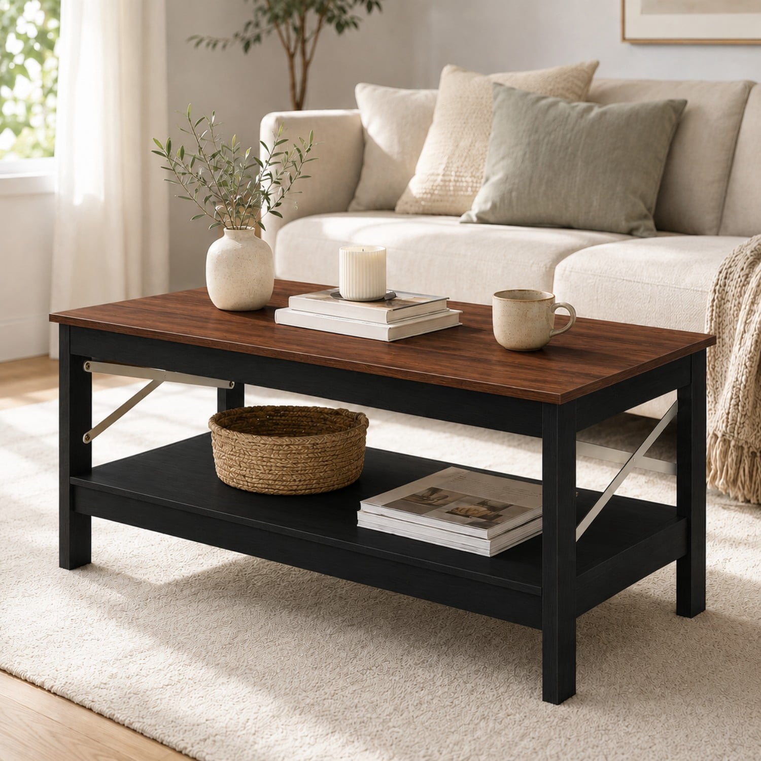 Easy4Home Coffee Table with Open Storage Shelf,2-Tier Rustic Farmhouse Center Table for Living Room, Dark Walnut