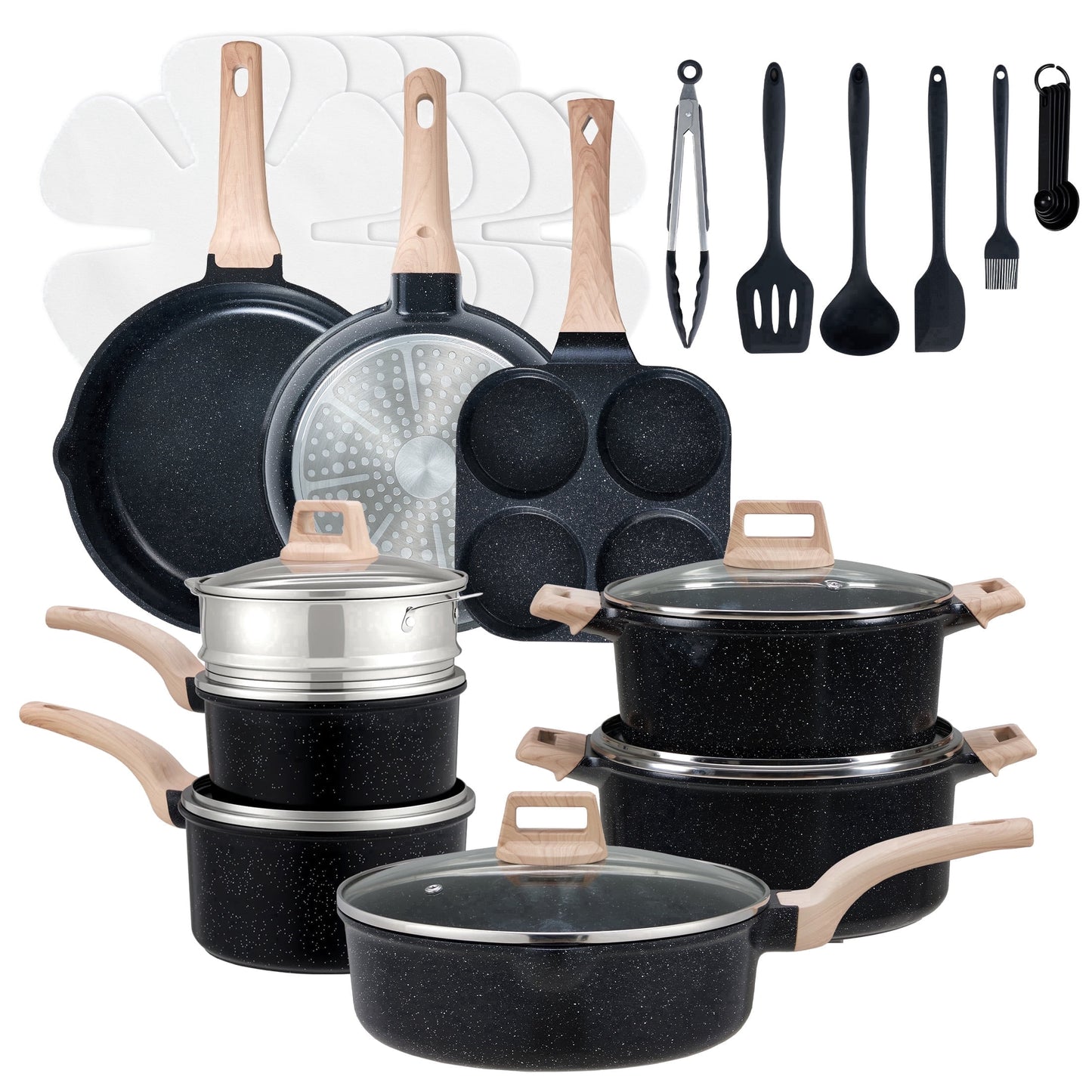 EDX 25-Piece Non-Stick Ceramic Granite Cookware Set with Stay-Cool Handles, Induction Compatible Pots and Pans Set for Healthy Cooking,Beige
