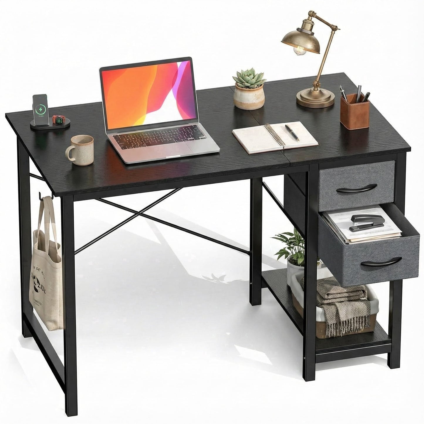edx Office Desk with 2 Fabric Drawers & Headphone Hook, 40â€ PC Table Writing Desk with Storage Shelf, Computer Workstation for Bedroom Study, Black Grain