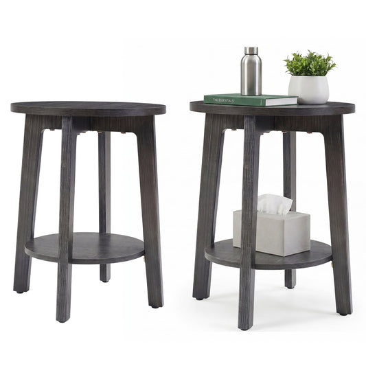 EDX Small Round End Table Set of 2, Modern Nightstand with Tapered Legs, 2-Tier Storage Side Table, Easy Assembly, Space-Saving Accent Table for Living Room Bedroom, Grey