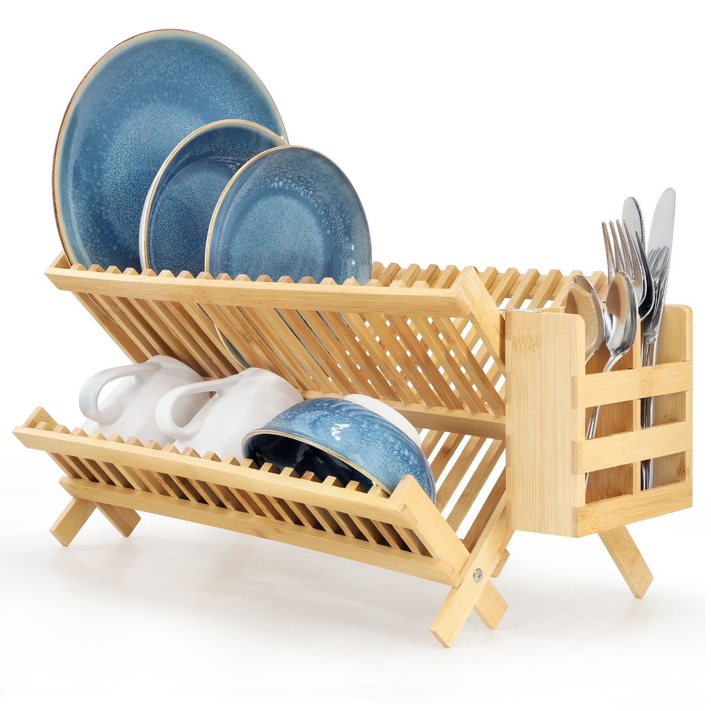 Elama 2-Tier Collapsible Kitchen Bamboo Drying Dish Rack with Utensil Holder