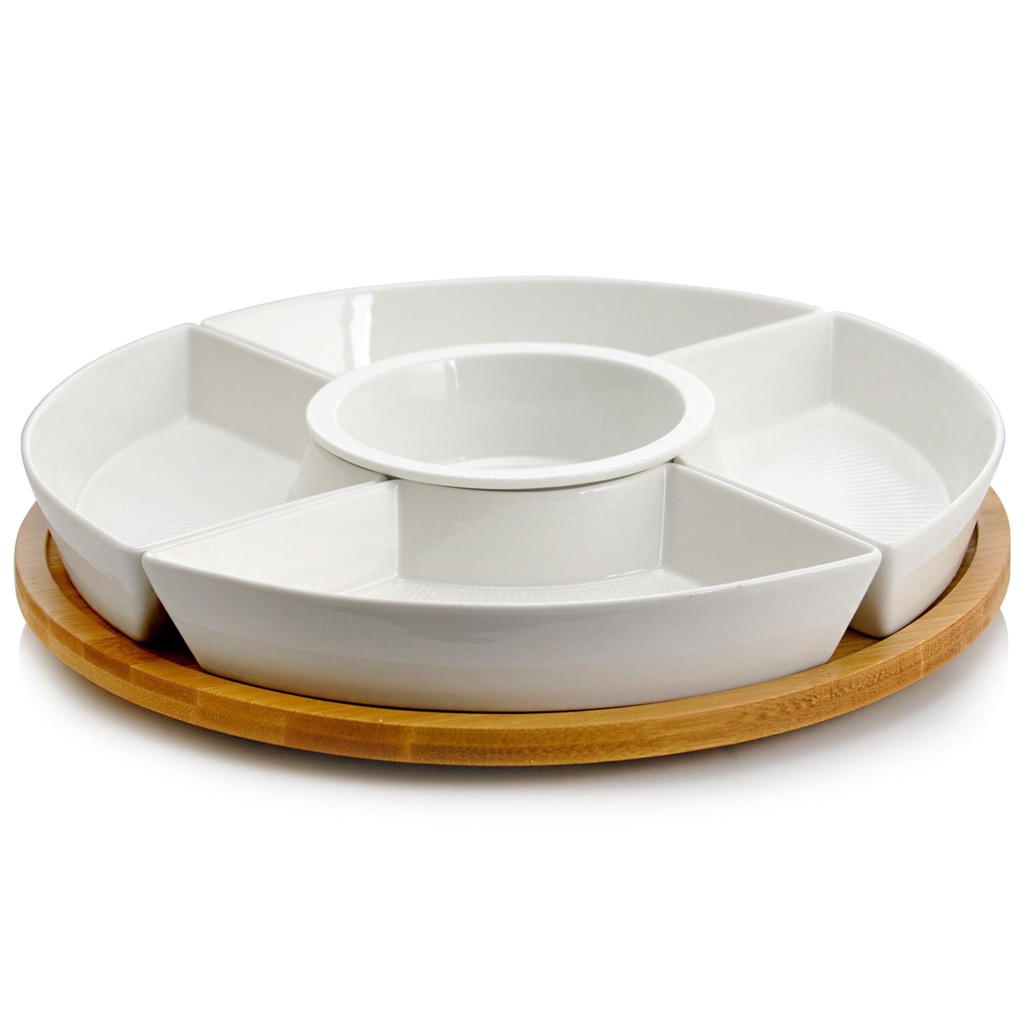 Elama Ceramic Stoneware Condiment Appetizer Set, 6, Center Piece Round in White and Natural Bamboo