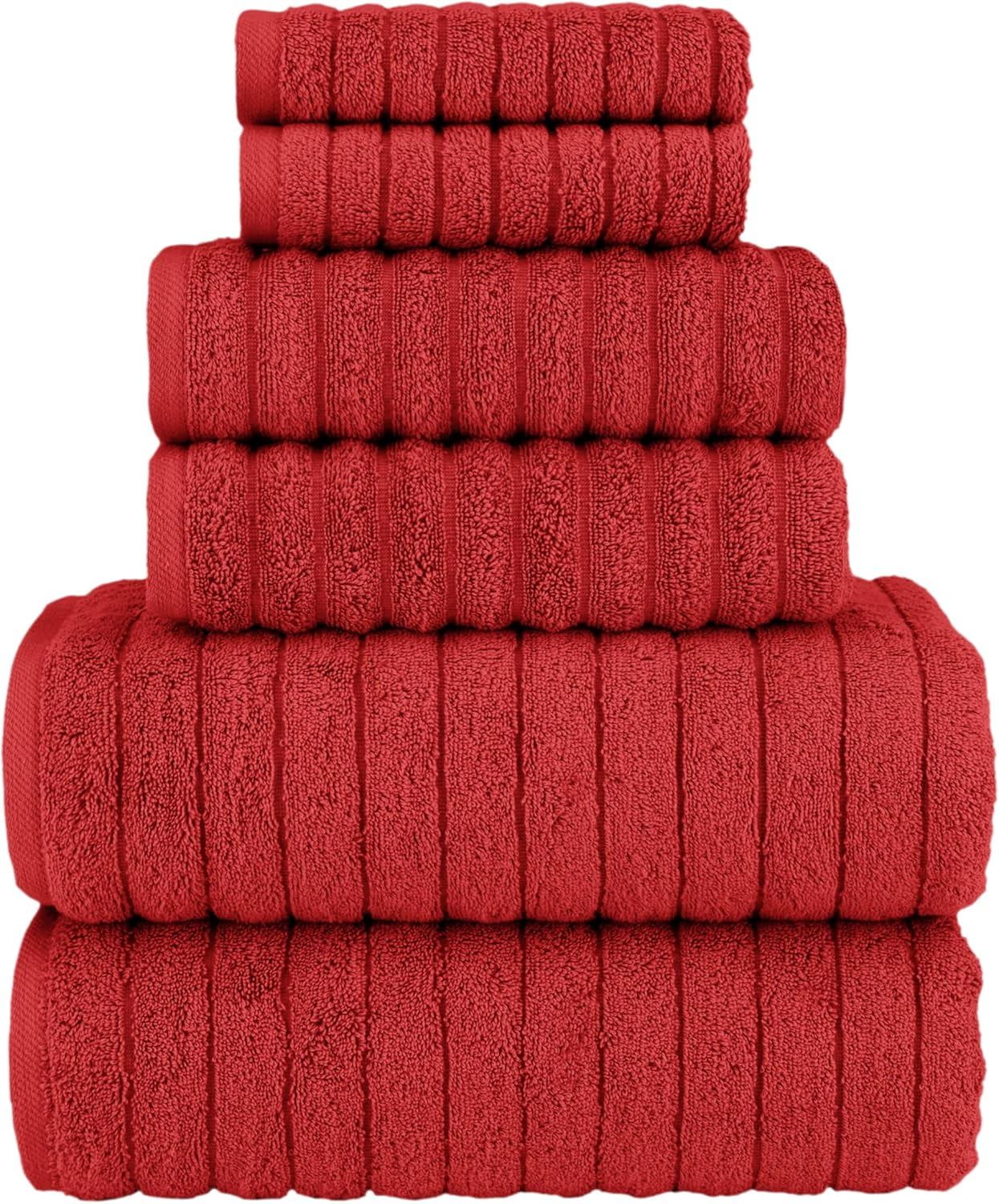 Elegant Comfort 100% Turkish Cotton Corduroy Ribbed Luxury Bath Towels 6-Piece Set, Premium Feel - Quick Dry, Highly Absorbent, Contains 2 Bath Towels, 2 Hand Towels, and 2 Washcloths, Red