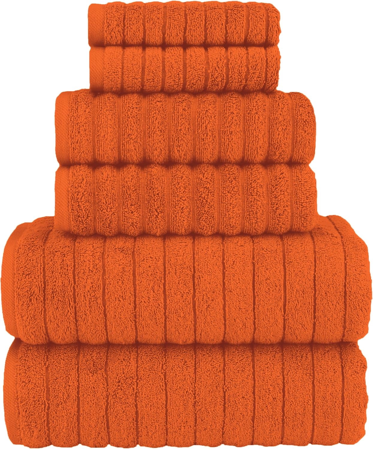 Elegant Comfort 100% Turkish Cotton Corduroy Ribbed Luxury Bath Towels 6-Piece Set, Premium Feel - Quick Dry, Highly Absorbent, Contains 2 Bath Towels, 2 Hand Towels, and 2 Washcloths, Orange