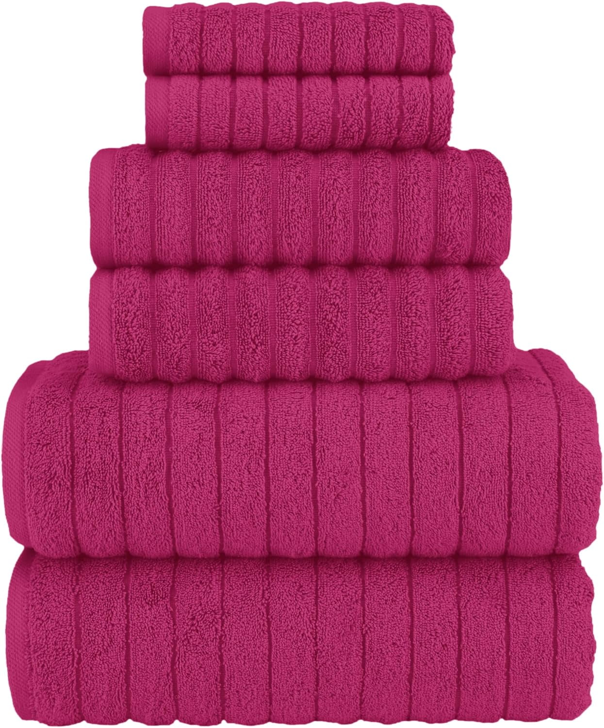 Elegant Comfort 100% Turkish Cotton Corduroy Ribbed Luxury Bath Towels 6-Piece Set, Premium Feel - Quick Dry, Highly Absorbent, Contains 2 Bath Towels, 2 Hand Towels, and 2 Washcloths, Hot Pink