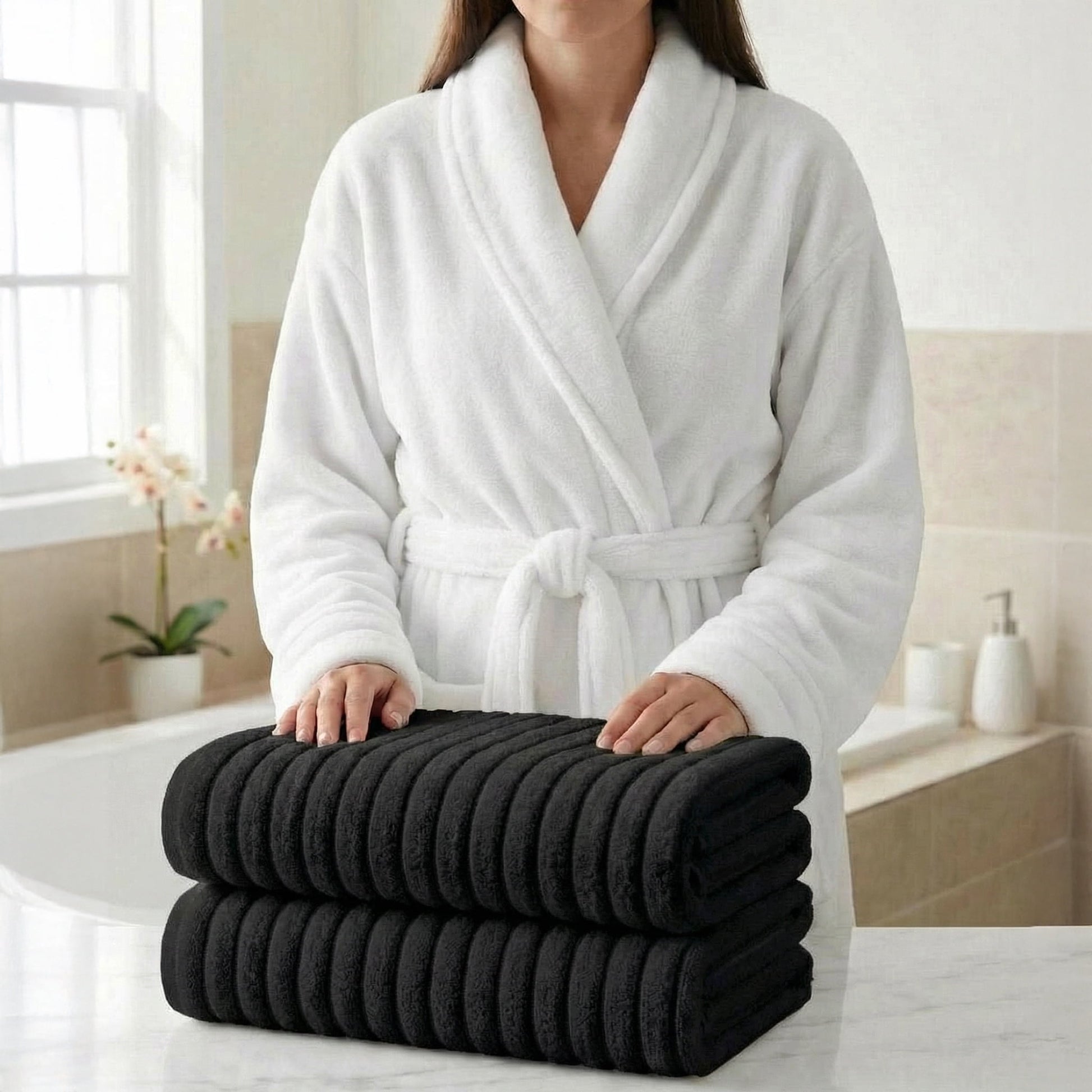 Elegant Comfort 3-Piece Spa Bath Set â€“ Plush Bathrobe & 2 Ribbed Bath Towels, Thick Absorbent Hotel Quality Bathroom Essentials, Black Bath Towel, White Robe ,Small