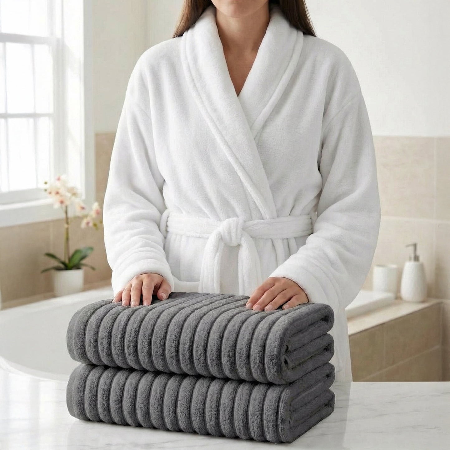 Elegant Comfort 3-Piece Spa Bath Set â€“ Plush Bathrobe & 2 Ribbed Bath Towels, Thick Absorbent Hotel Quality Bathroom Essentials, Gray Bath Towel, White Robe ,Medium