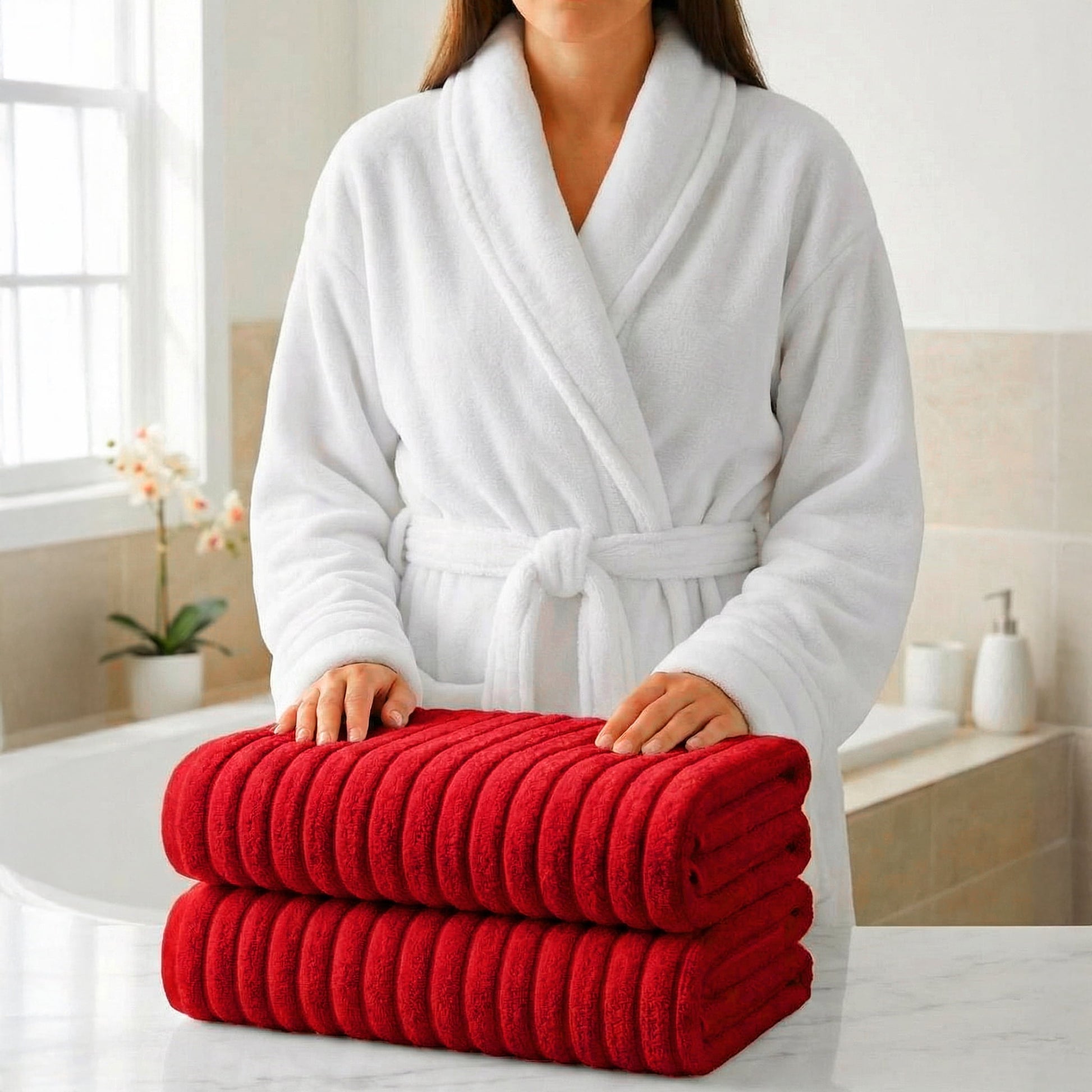 Elegant Comfort 3-Piece Spa Bath Set â€“ Plush Bathrobe & 2 Ribbed Bath Towels, Thick Absorbent Hotel Quality Bathroom Essentials, Red Bath Towel, White Robe ,X-Large