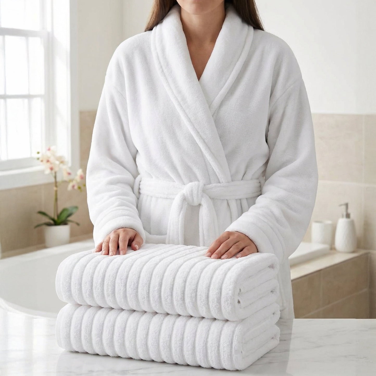 Elegant Comfort 3-Piece Spa Bath Set â€“ Plush Bathrobe & 2 Ribbed Bath Towels, Thick Absorbent Hotel Quality Bathroom Essentials, White Bath Towel, White Robe ,Medium