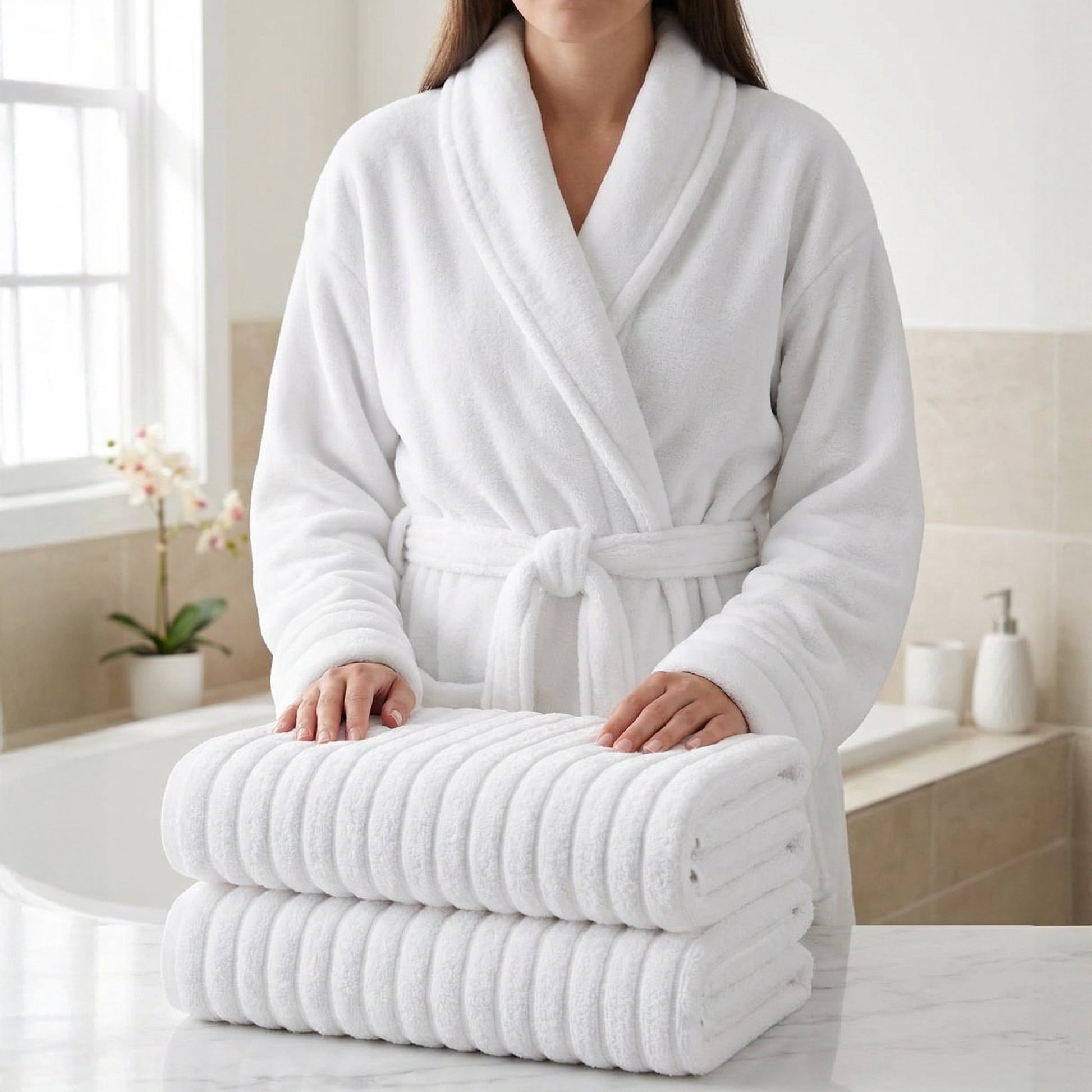 Elegant Comfort 3-Piece Spa Bath Set â€“ Plush Bathrobe & 2 Ribbed Bath Towels, Thick Absorbent Hotel Quality Bathroom Essentials, White Bath Towel, White Robe ,Medium