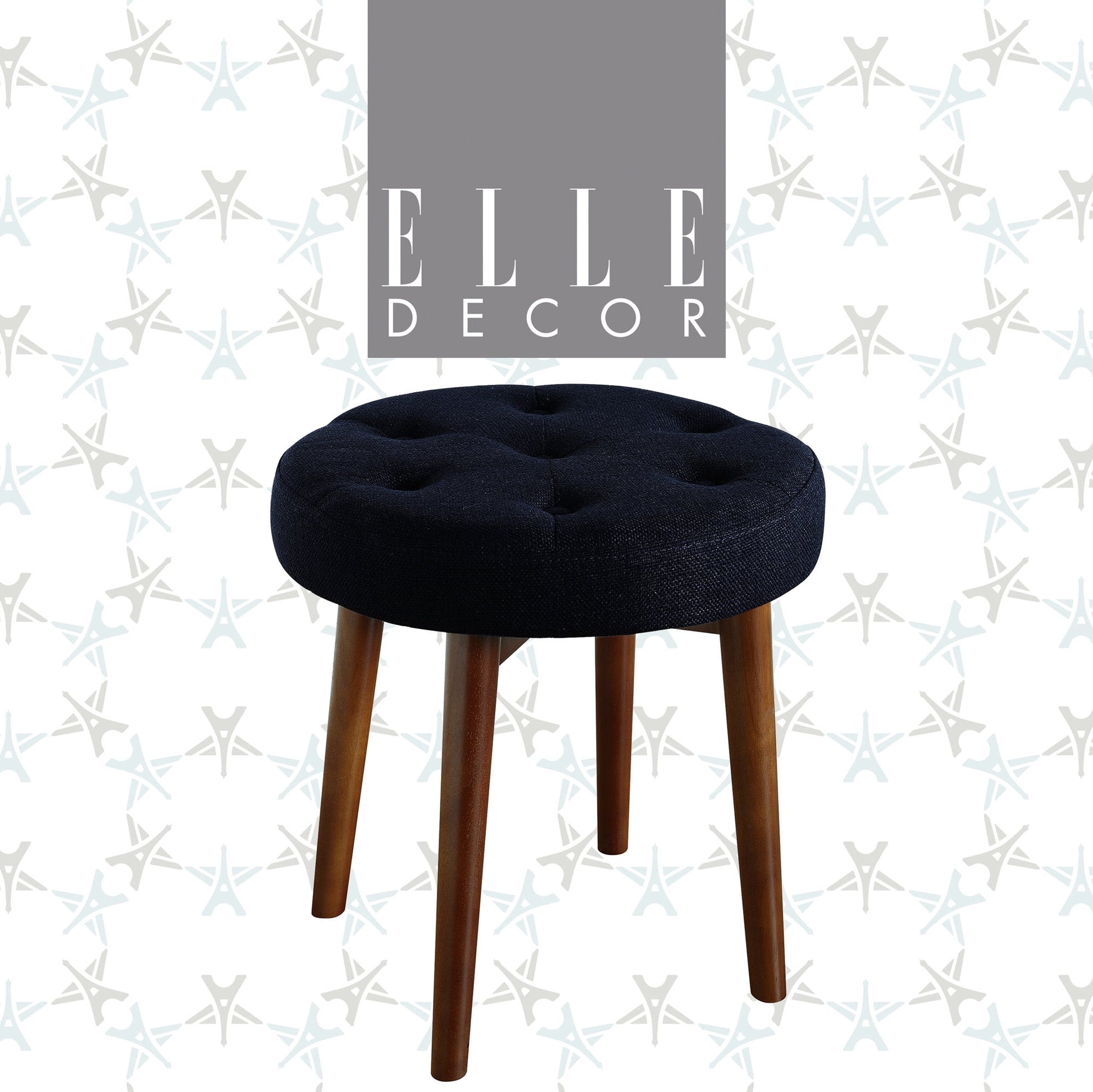 Elle Decor Penelope Tufted Upholstered Round Ottoman Foot Stool, Navy Blue
