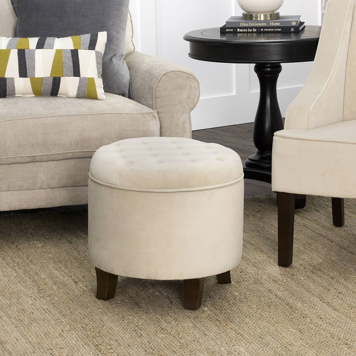Ember Interiors Velvet Round Storage Ottoman, Beige