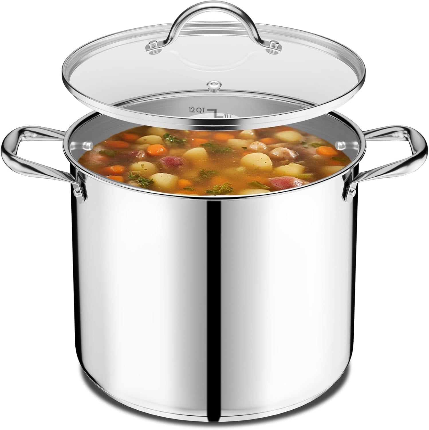 Emporio Kitchen Stainless Steel 12QT Stock Pot with Glass Lid â€“ Durable 18/0 Steel, Even-Heat Base, Riveted Handles, Oven & Stove Compatible, 500Â°F