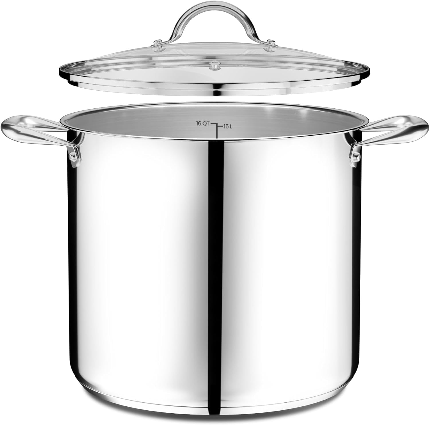 Emporio Kitchen Stainless Steel 16QT Stock Pot with Glass Lid â€“ Durable 18/0 Steel, Even-Heat Base, Riveted Handles, Oven & Stove Compatible, 500Â°F