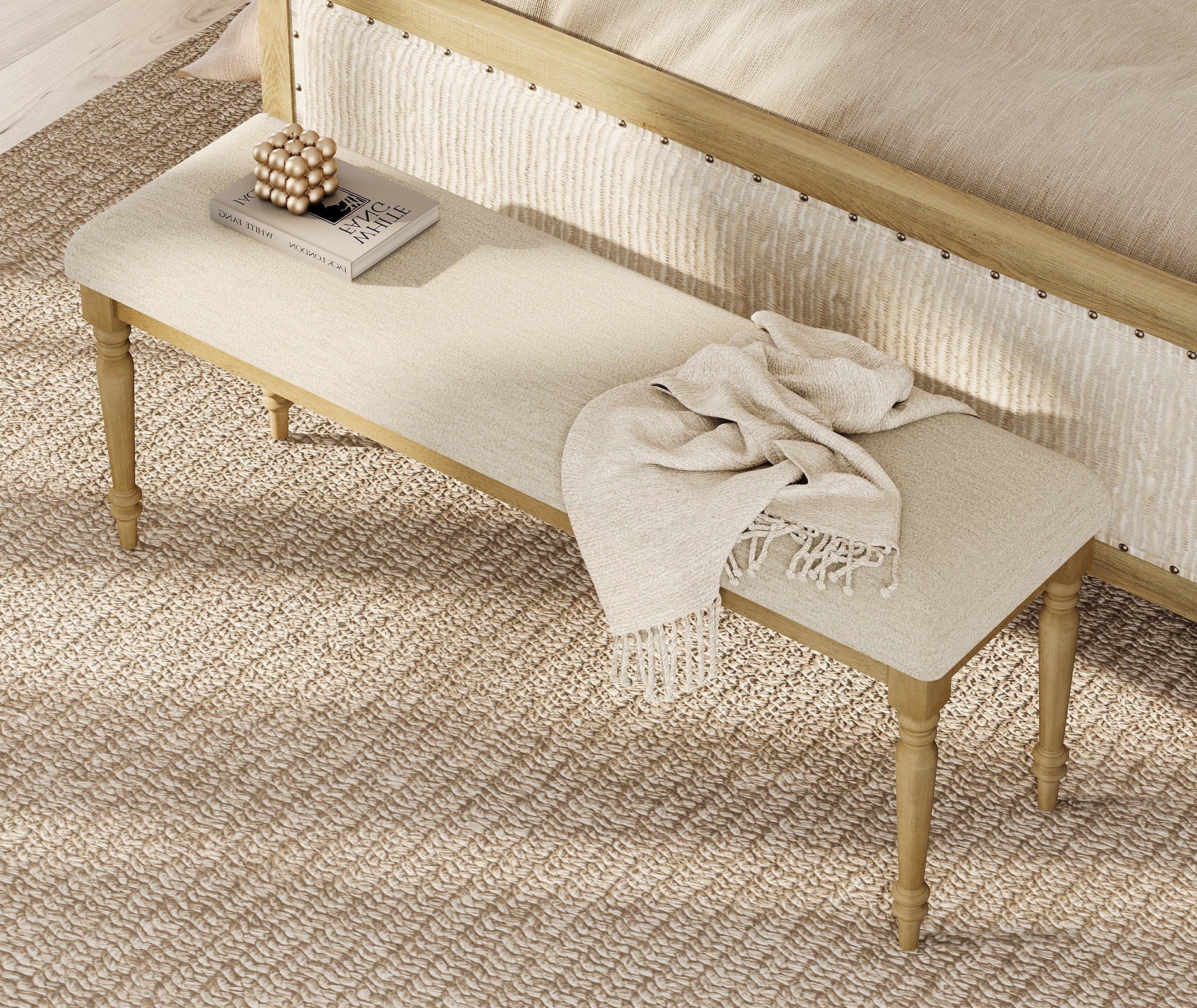End of Bed Bench for Bedroom, Upholstered Bench for Entryway, Oak, 52 Inch