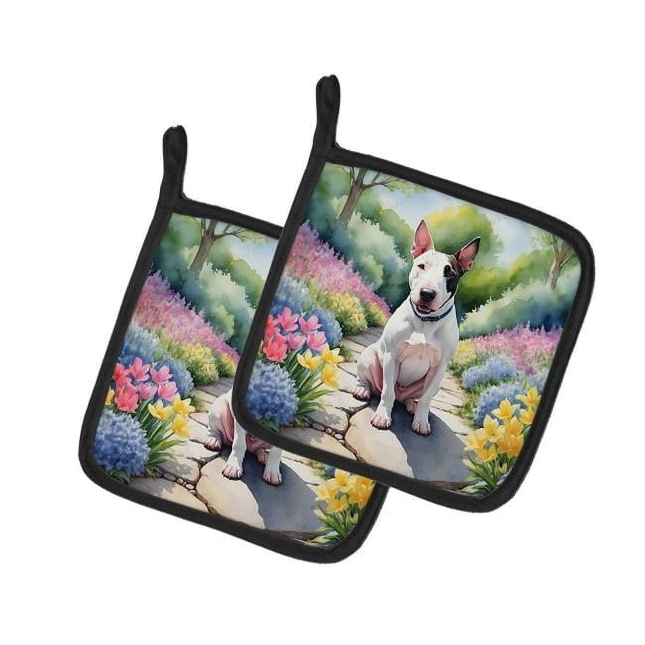 English Bull Terrier Spring Path Pair of Pot Holders 7.5 in x 7.5 in