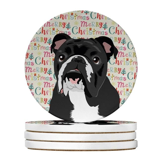English Bulldog Black and White Christmas Large Sandstone Coasters Pack of 4 4 in x 4 in