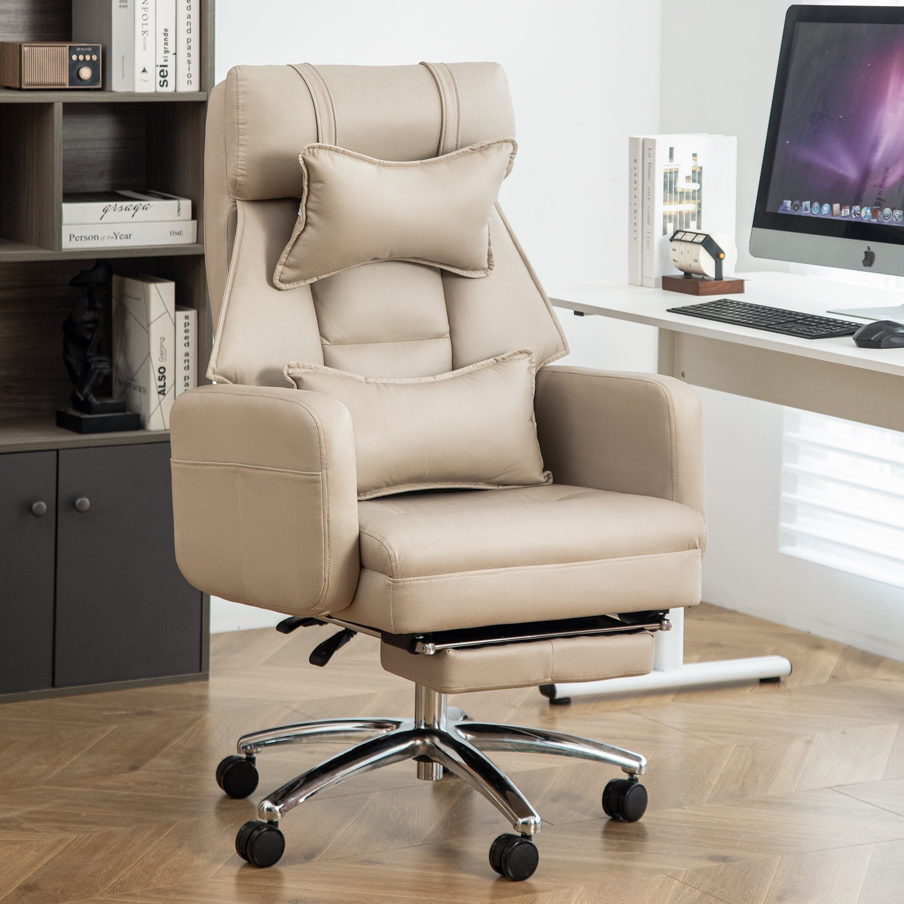 Ergonomic Office Chair, Swivel Computer Chair with Lumbar Support Headrest for Adults,Beige
