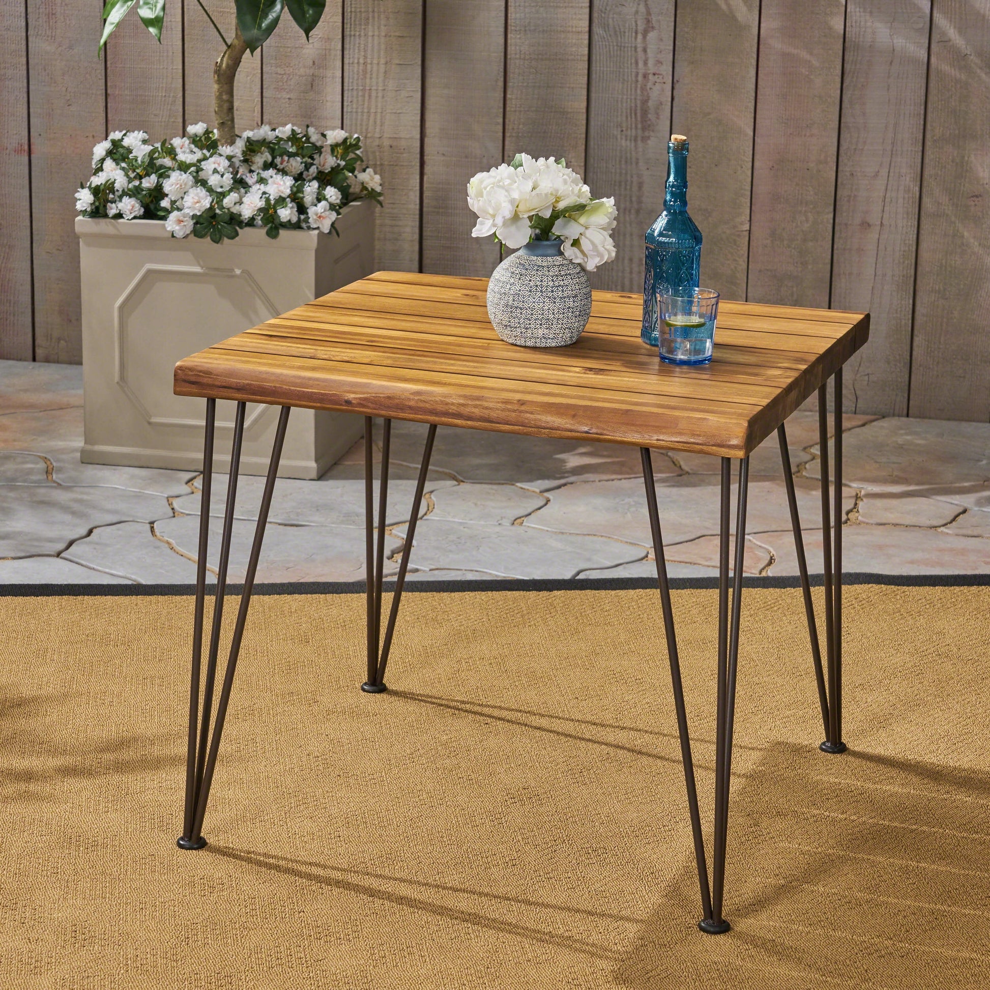 Euroco 32.5" Farmhouse Dining Table for 2, Square Kitchen Table Dinner Table with Metal Legs for Dining Room, Home Office,Teak