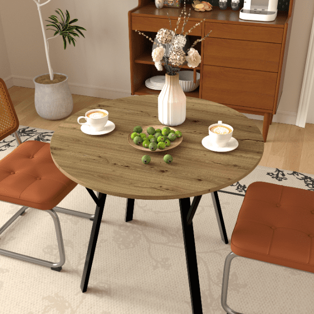 Euroco 35.43 Inch Round Dining Table, Small Circle Kitchen Table with Metal Black Legs for 2-4 people,Modern Dining Room Table, Brown (only table)