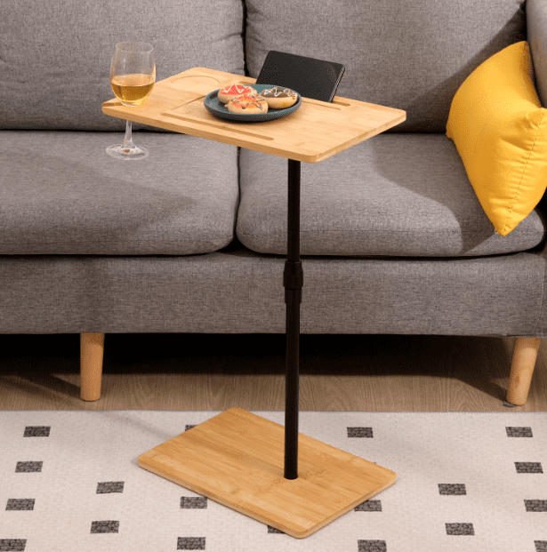 Euroco Bamboo Couch Tray Table Height Adjustable C-Shaped End Table with Slots 2 Tier Sofa Side Table for Living Room & Bedroom (Rectangle + Rectangle)