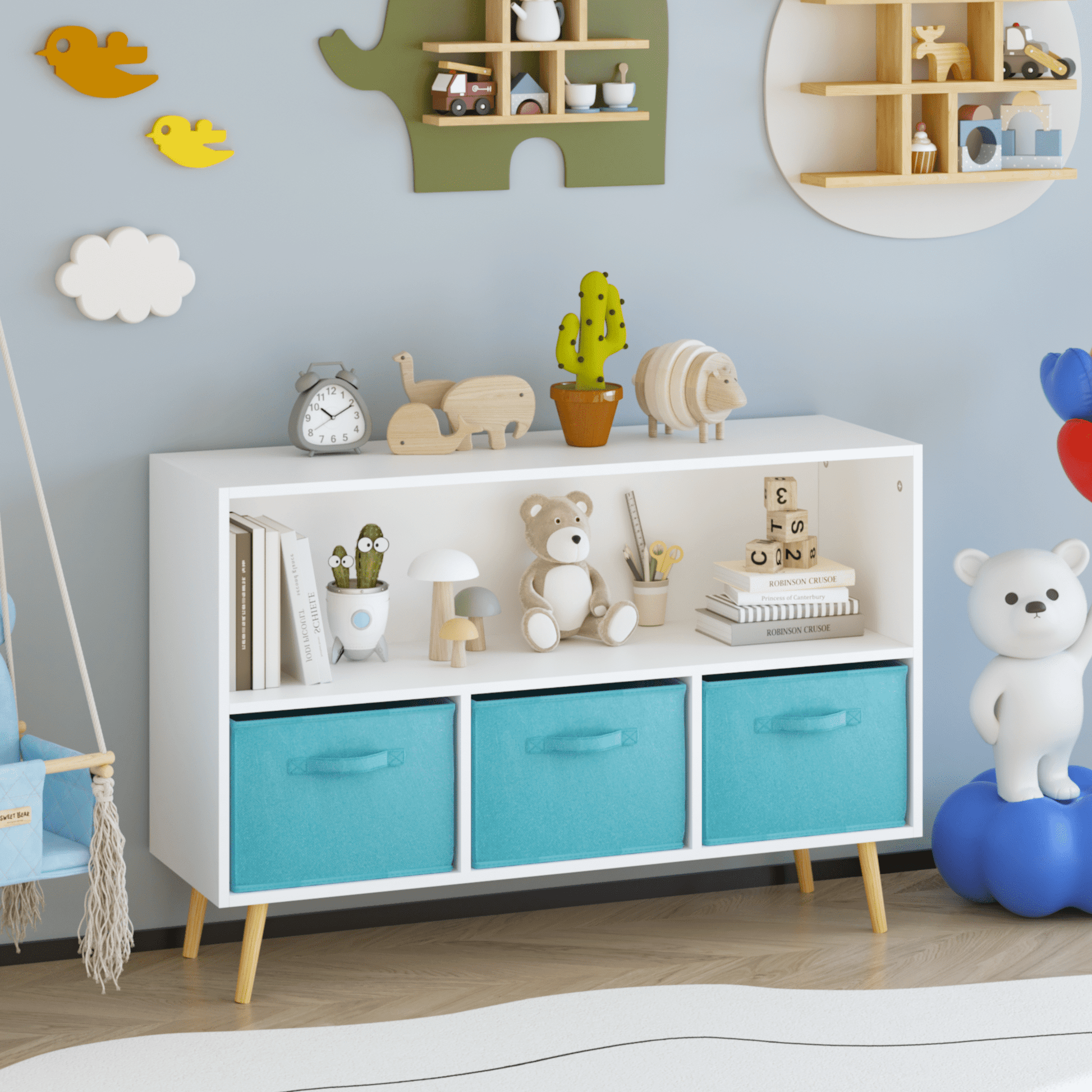 Euroco Kids bookcase with Collapsible Fabric Drawers, Children's Book Display, Toy Storage Cabinet Organizer, White/Blue