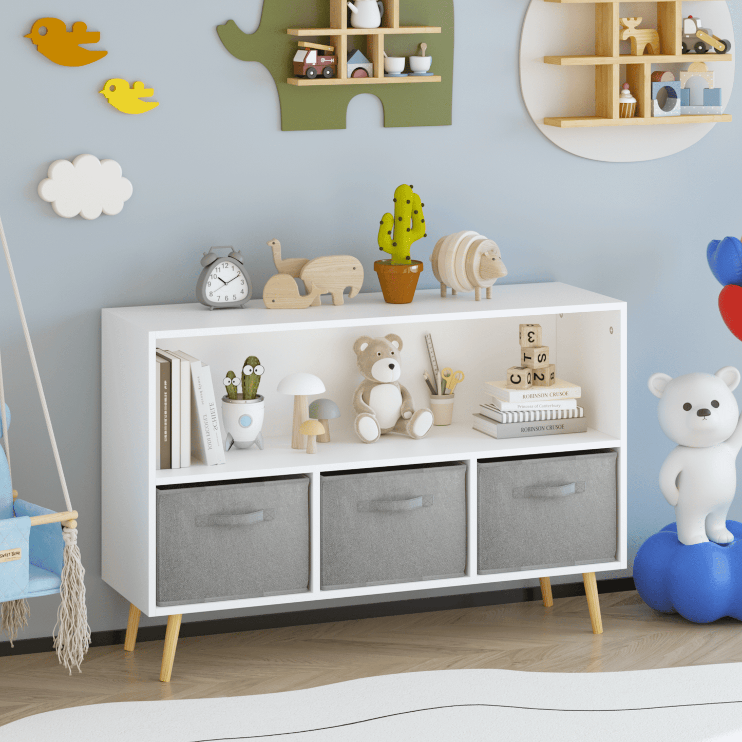 Euroco Kids bookcase with Collapsible Fabric Drawers, Children's Book Display, Toy Storage Cabinet Organizer, White/Gray