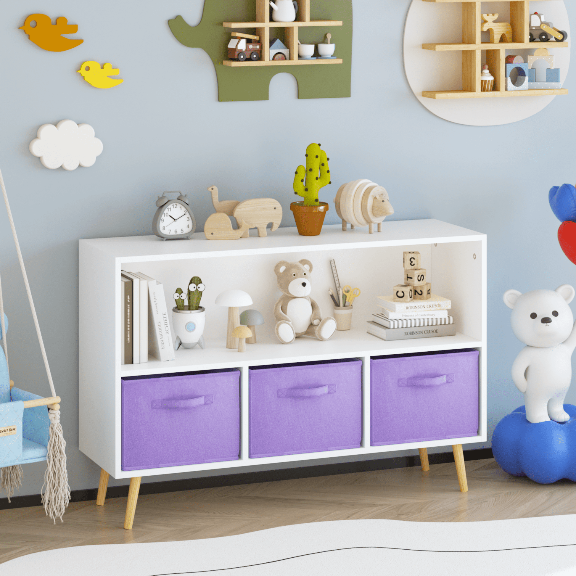 Euroco Kids bookcase with Collapsible Fabric Drawers, Children's Book Display, Toy Storage Cabinet Organizer, White/Purple